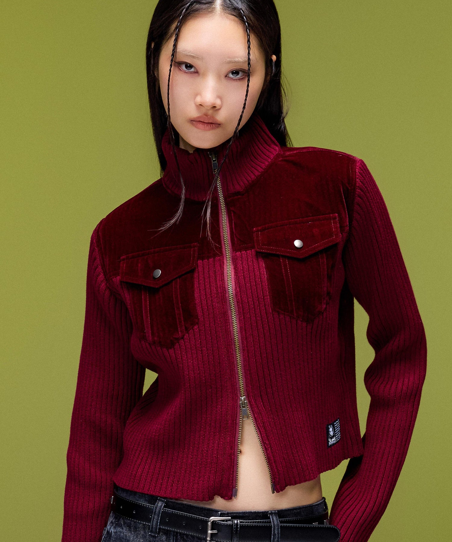 VELOUR AND KNIT ZIP UP TOP