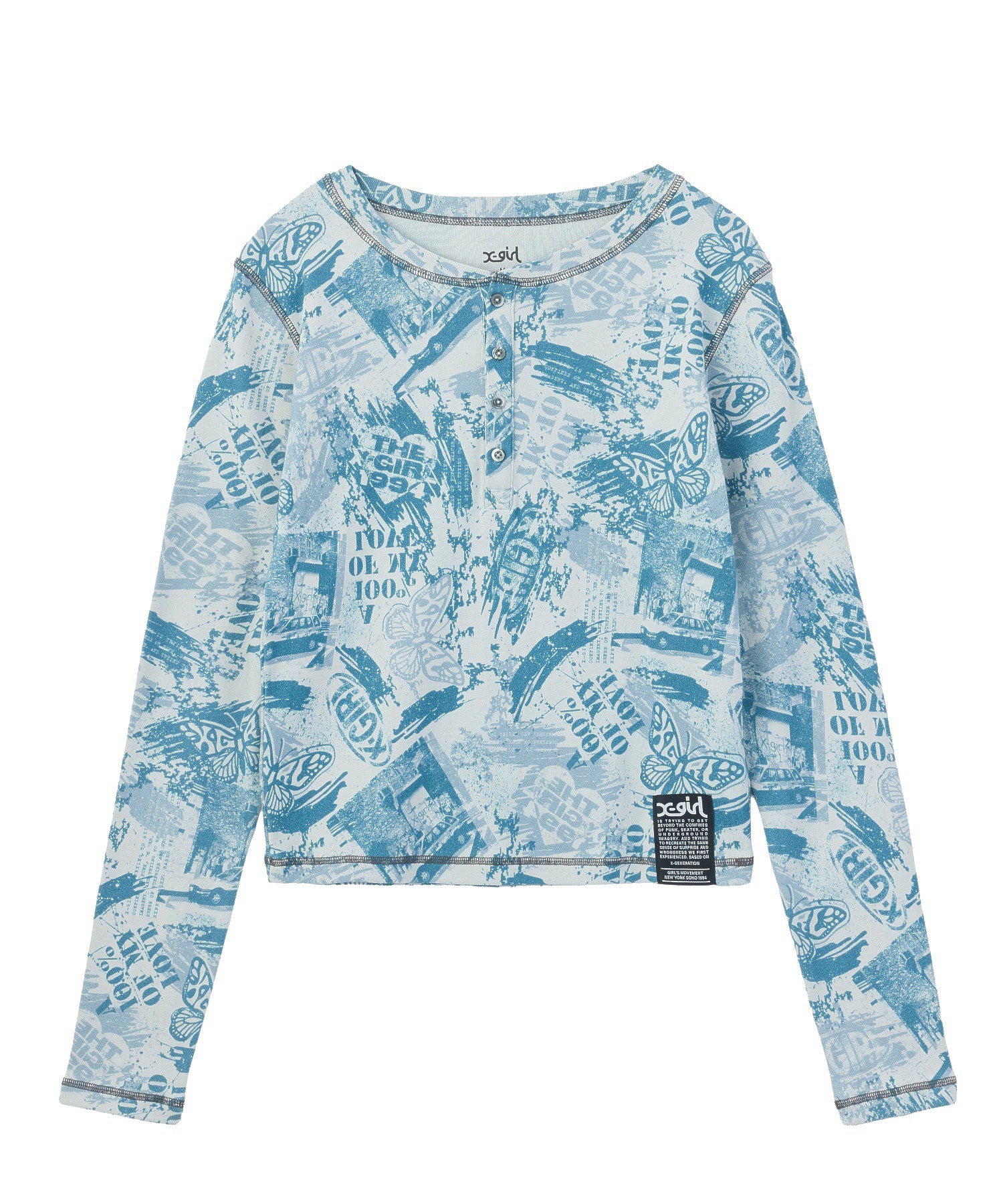 BRUSHED COLLAGE GRAPHIC HENLEY NECK L/S COMPACT TOP
