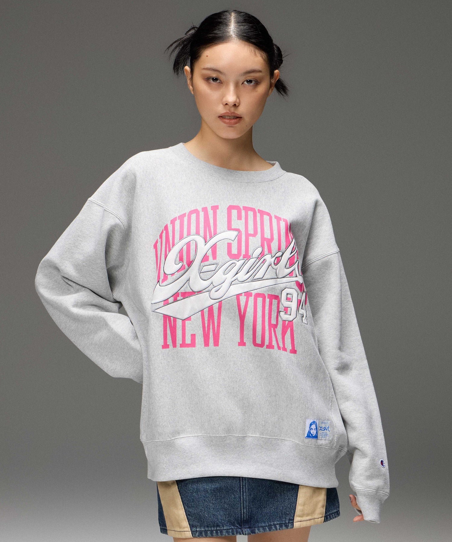 X-girl x Champion REVERSE WEAVE® PRINT AND PATCHED LOGO SWEATSHIRT