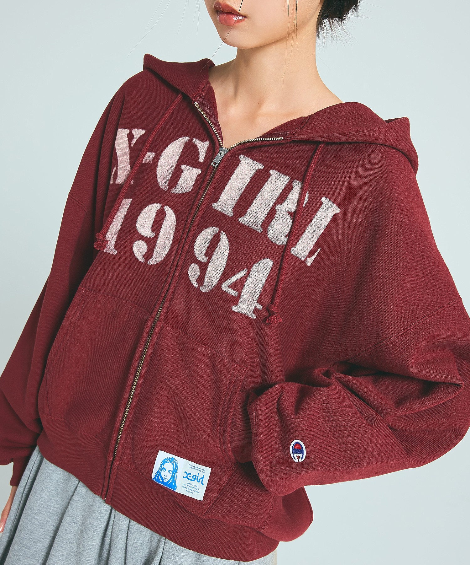 X-girl × Champion REVERSE WEAVE STENCIL LOGO ZIP UP HOODIE
