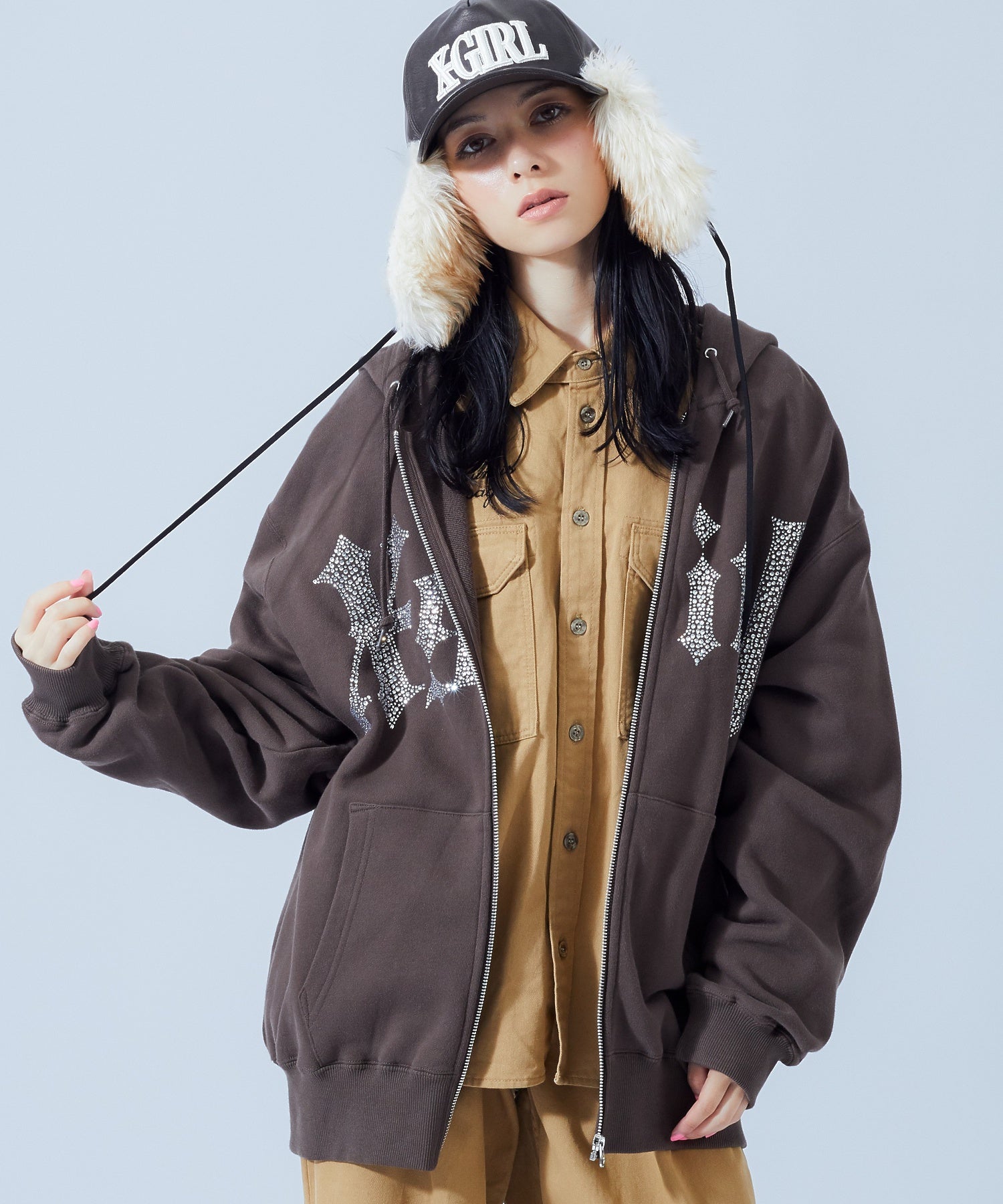RHINESTONE BLACKLETTER LOGO ZIP UP SWEAT HOODIE