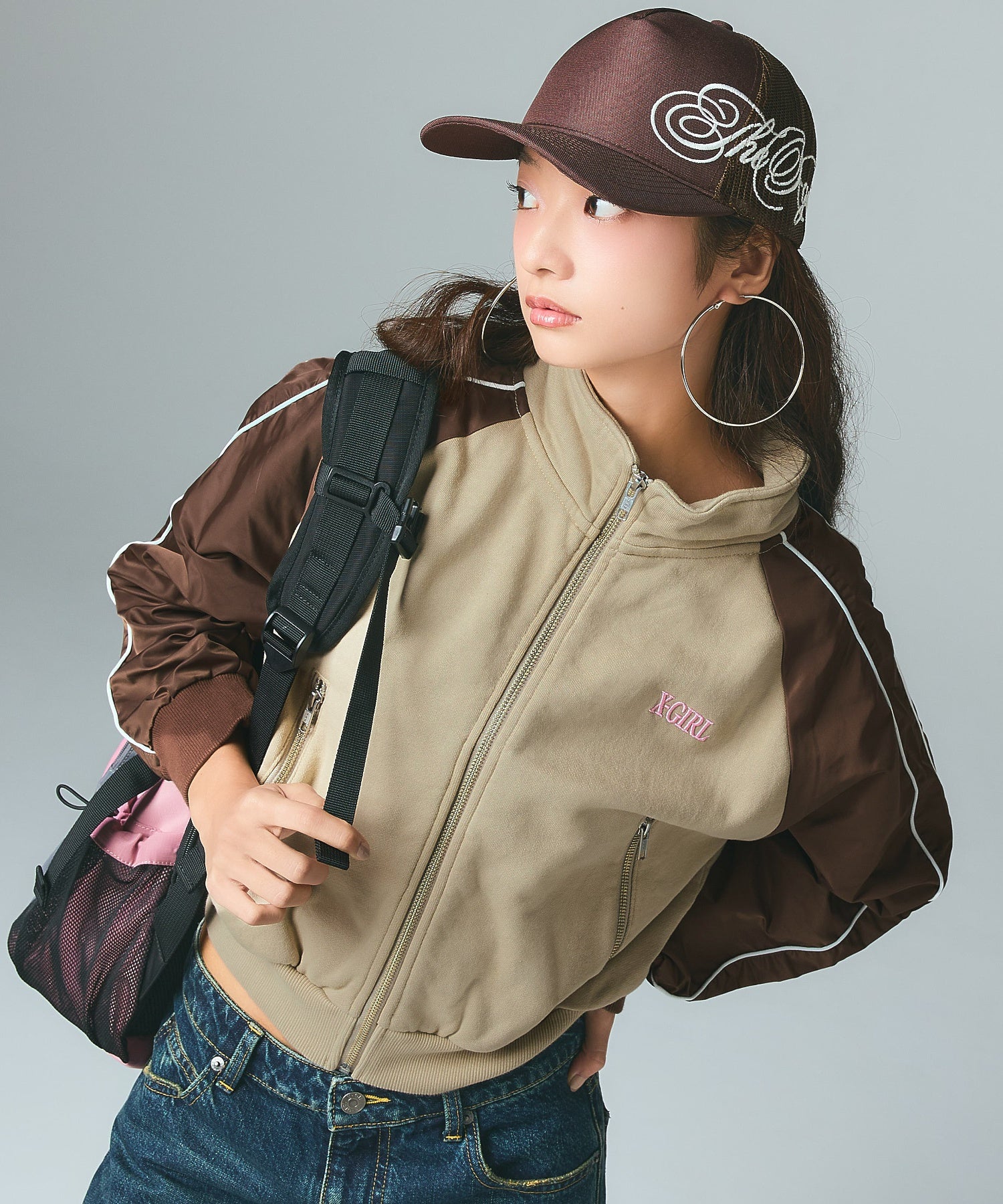 WOVEN MIX SWEAT ZIP UP TOP