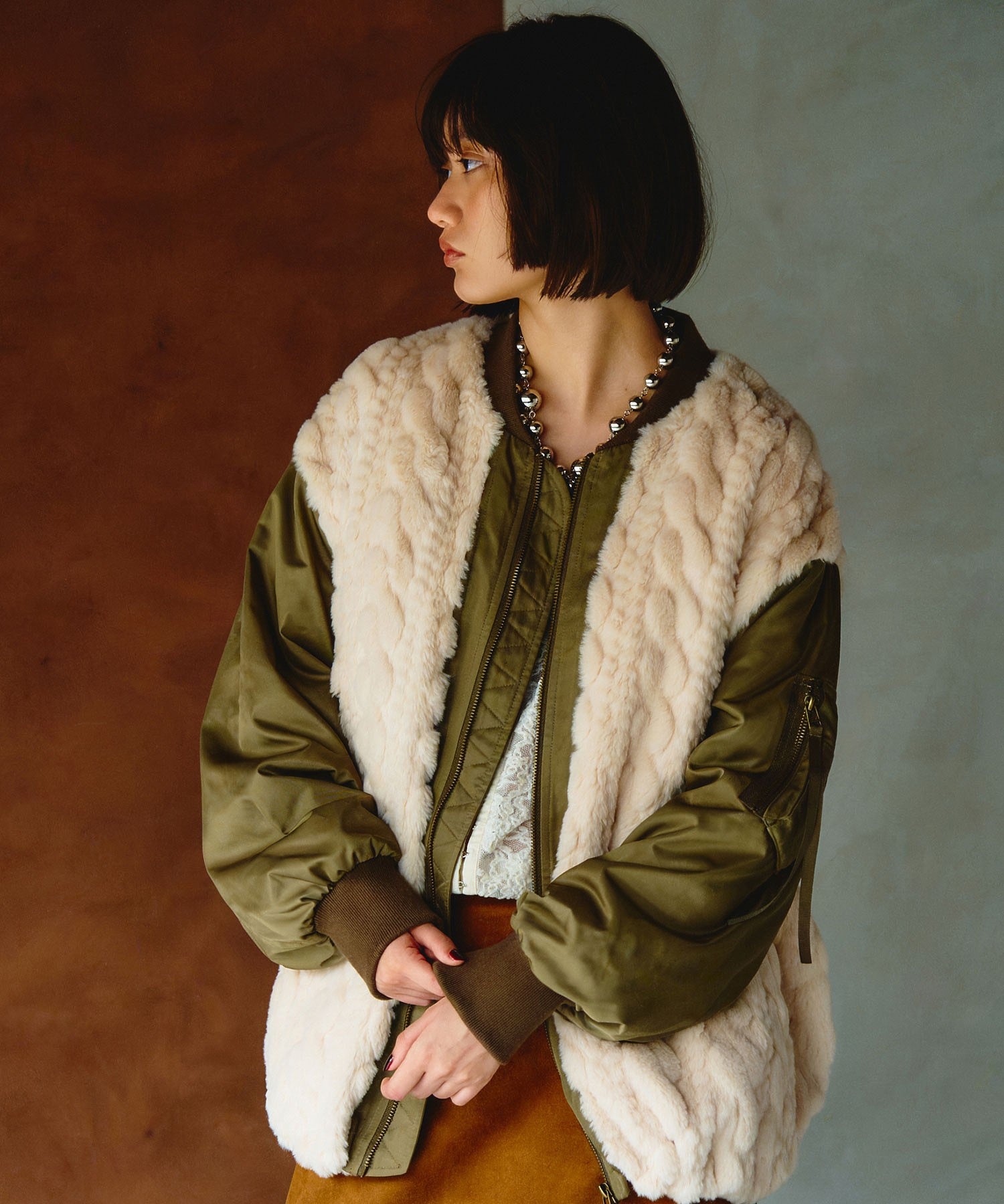 GENE HEAVENS/CABLE EMBOS/FAUX FUR MA1 JACKET
