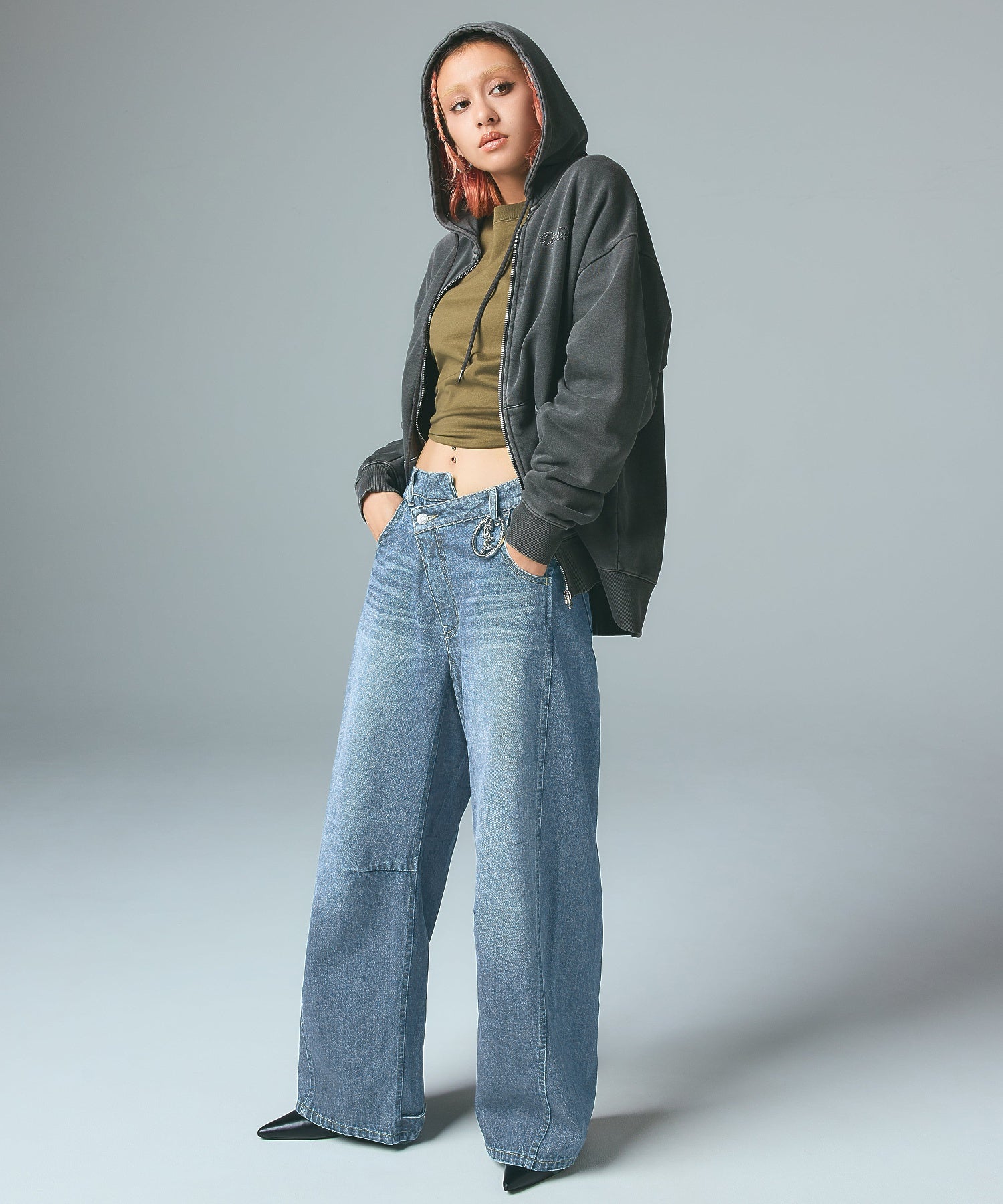 ASYMMETRIC WAIST BARREL LEG DENIM PANTS