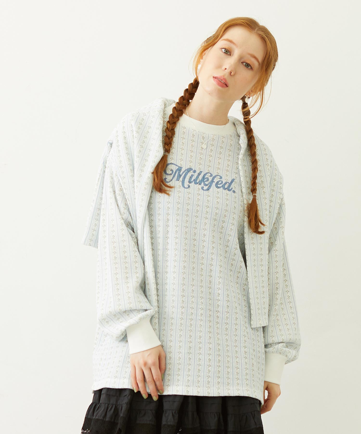 STRIPED FLOWER WAFFLE L/S TOP