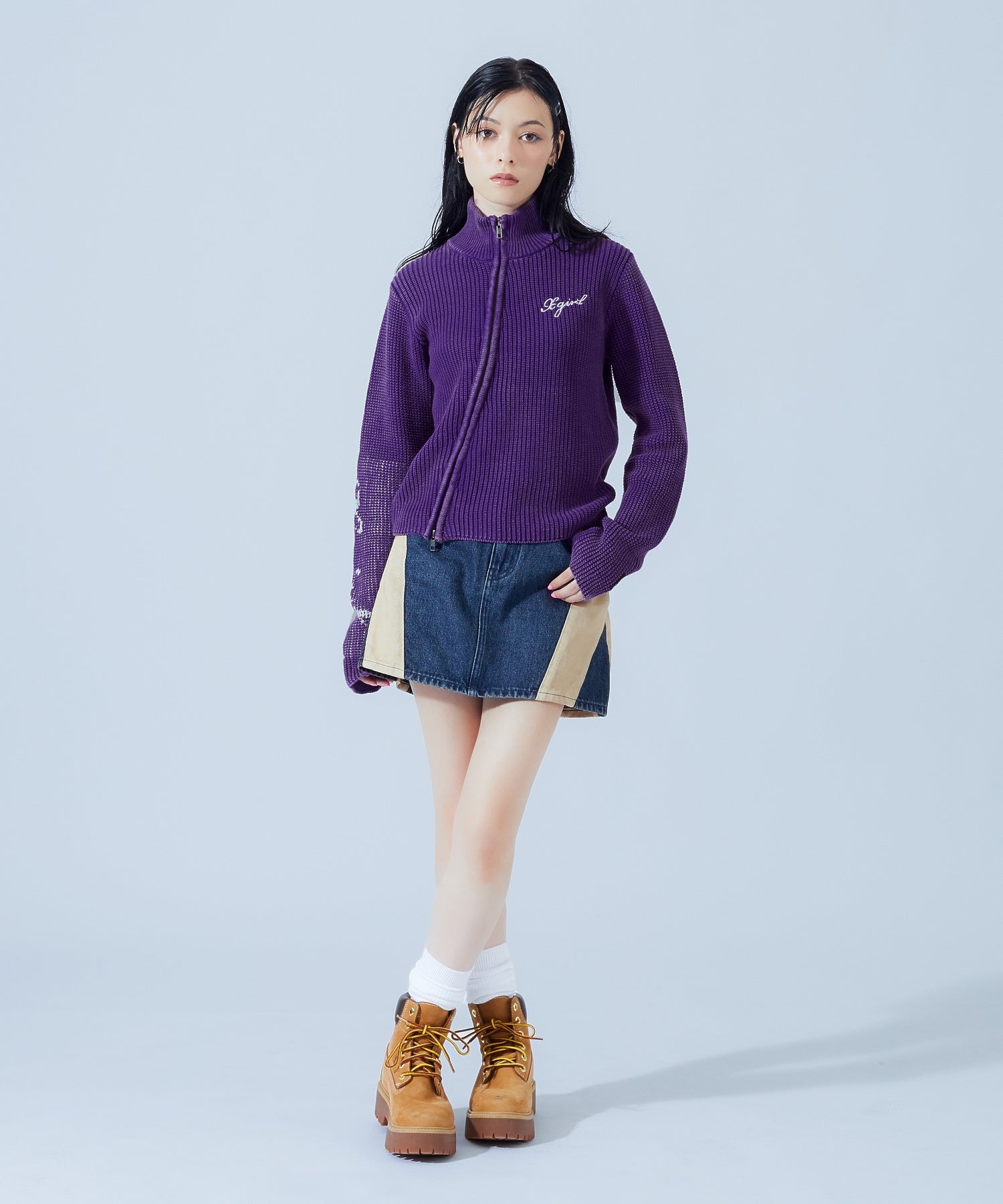 SLEEVE LOGO FADED ZIP UP KNIT TOP