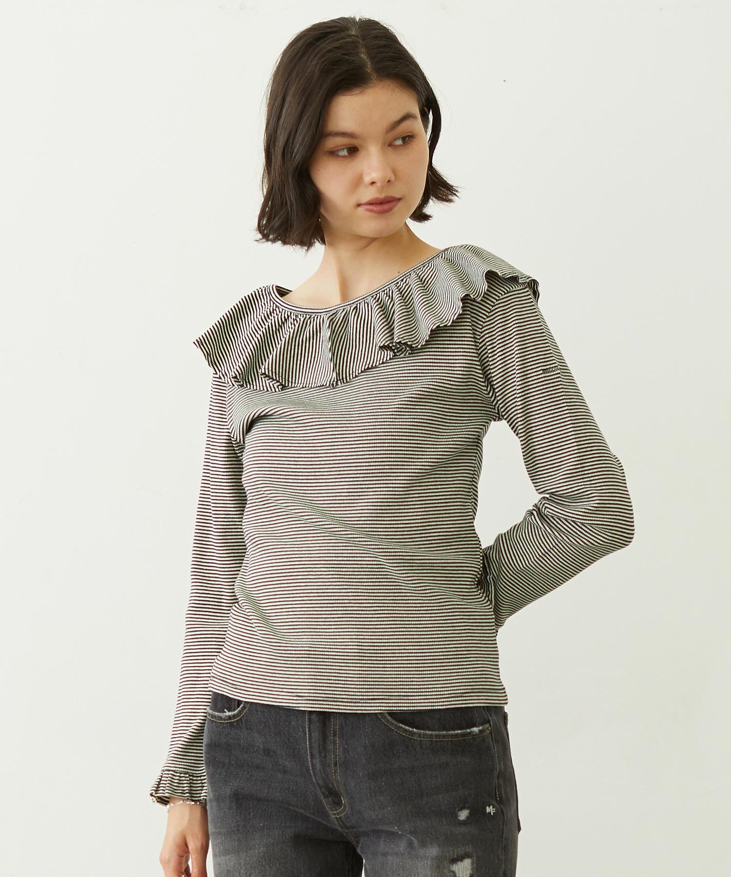 2WAY RUFFLE COLLAR STRIPED L/S TOP
