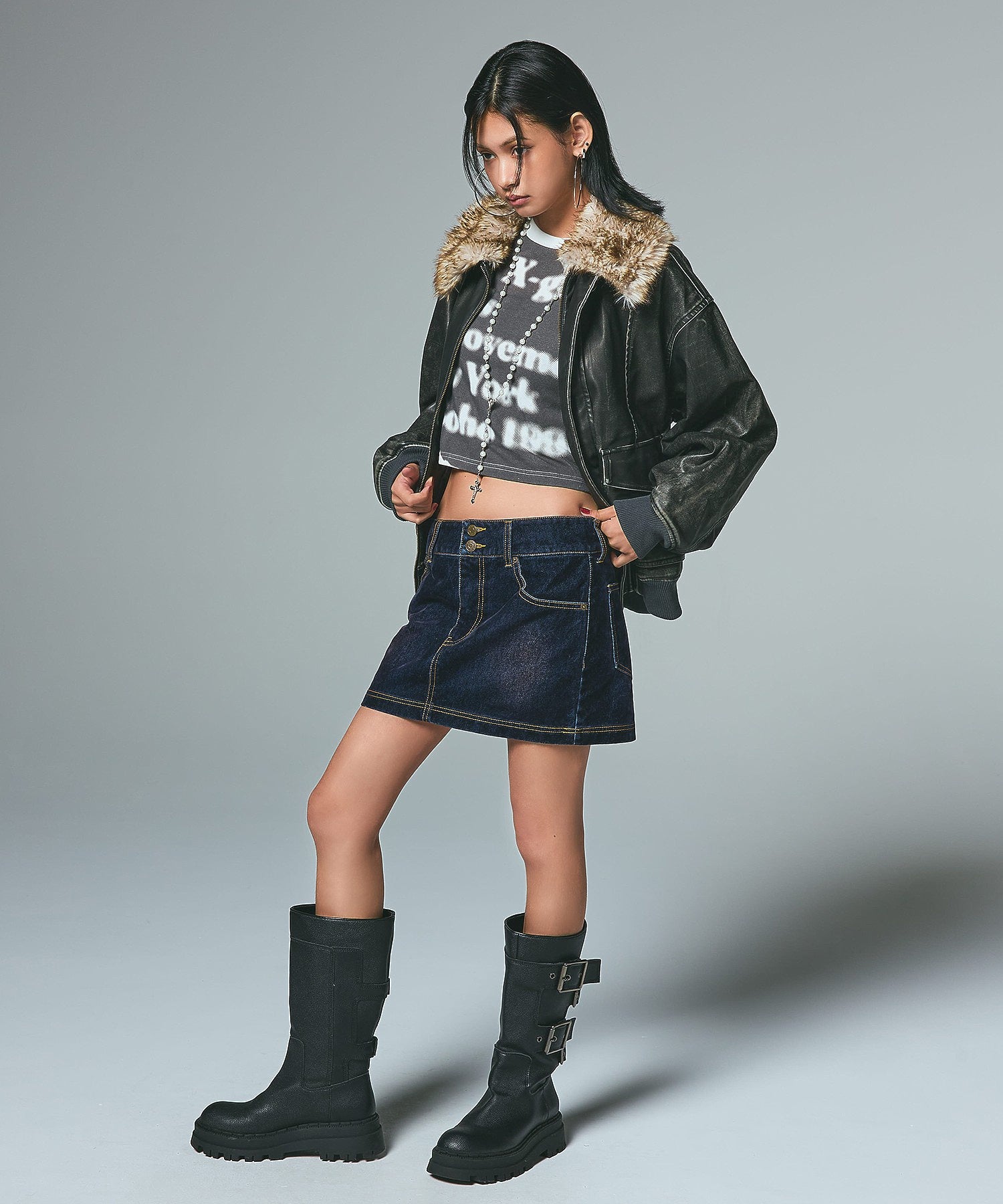 FLOCKED DENIM MINI SKIRT