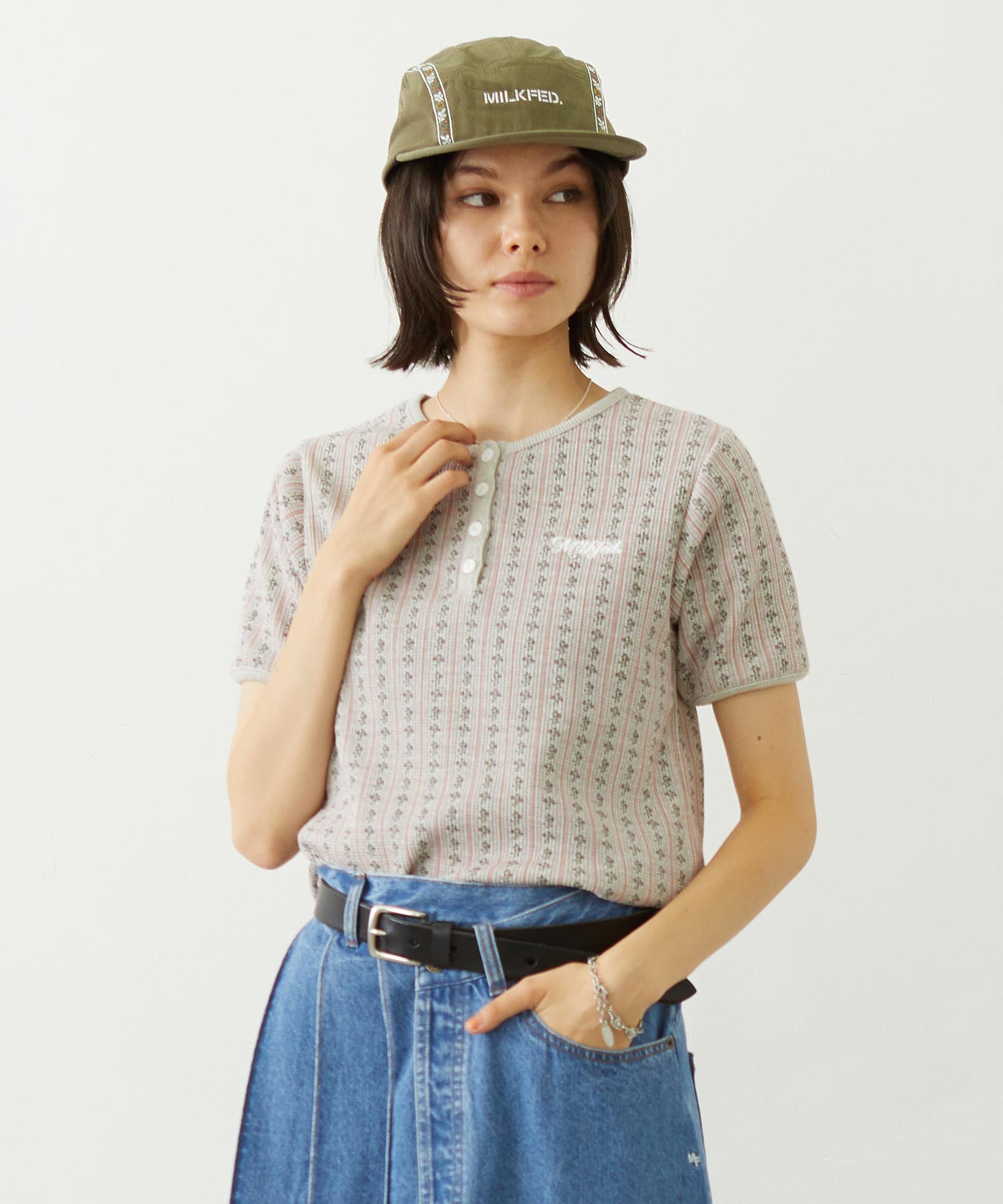 STRIPED FLOWER WAFFLE S/S TOP