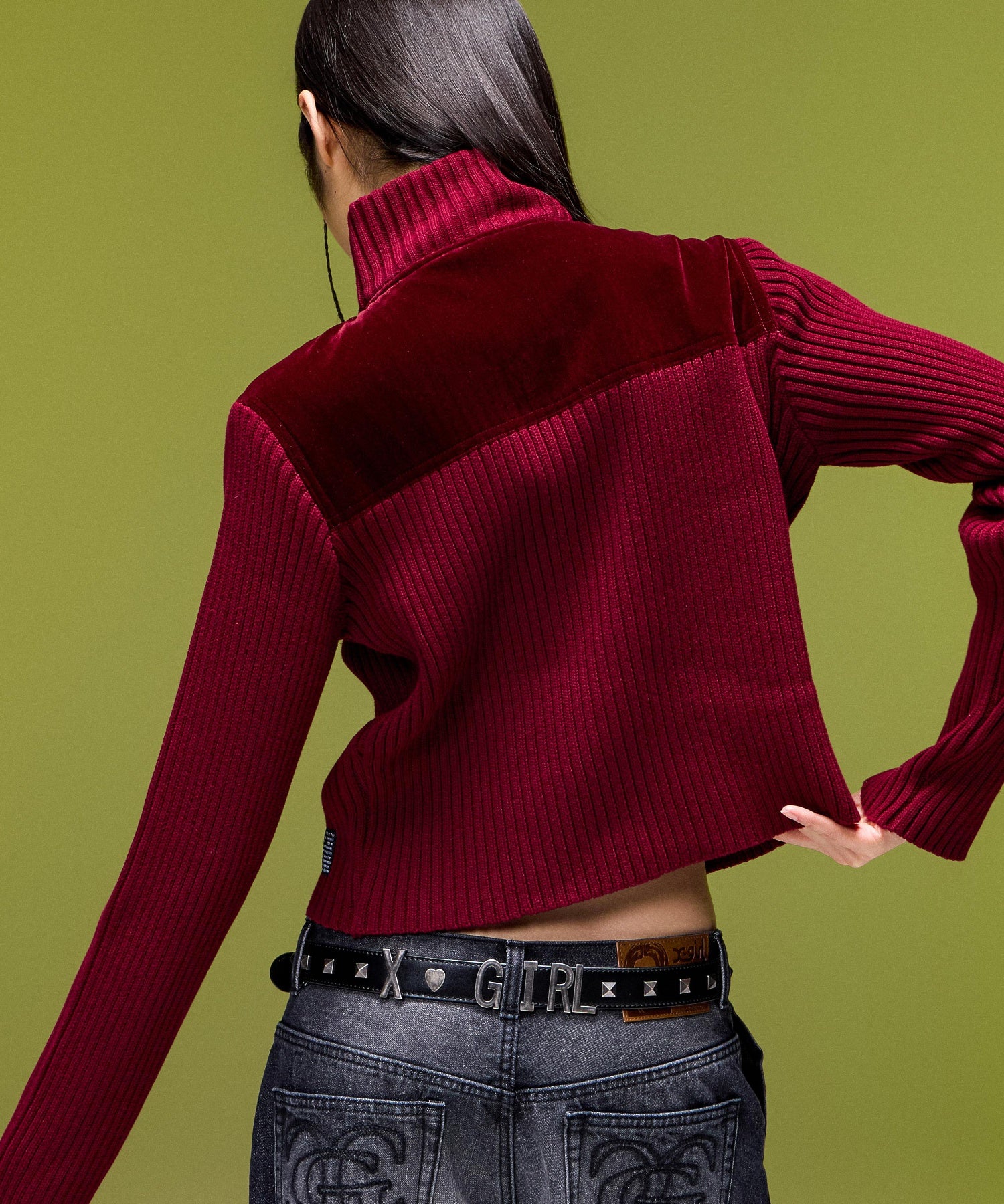 VELOUR AND KNIT ZIP UP TOP