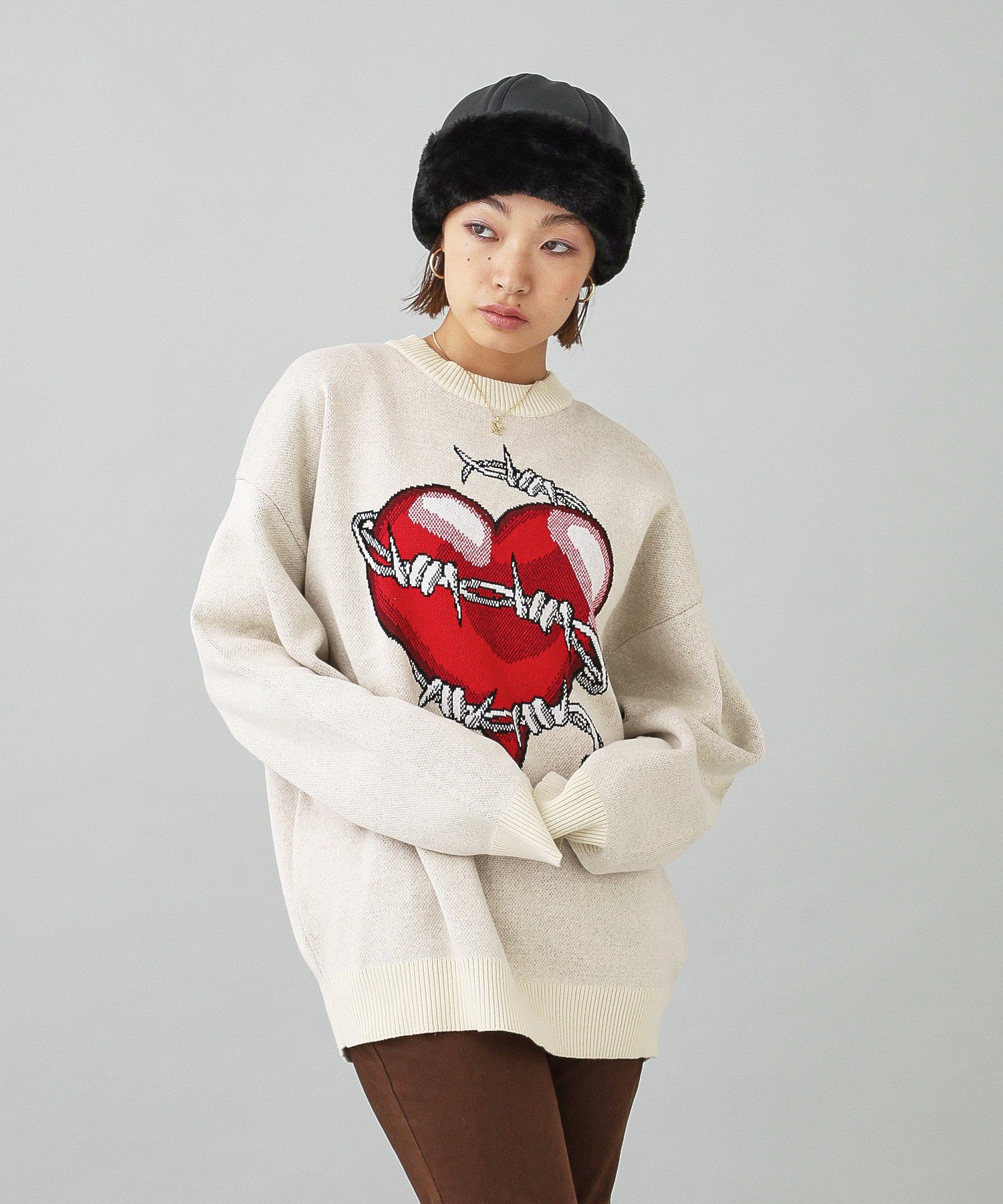 HEART BARBED WIRE JACQUARD KNIT TOP