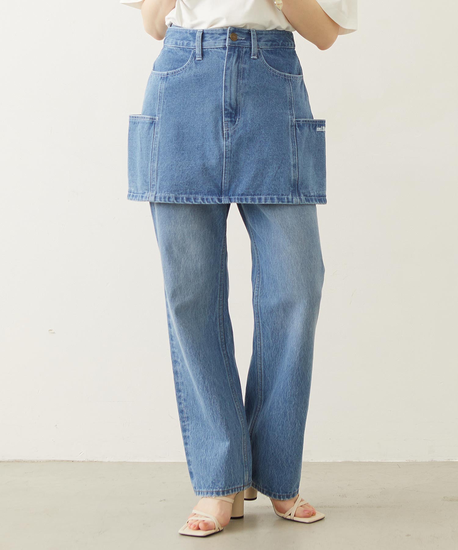 PANELED POCKET DENIM MINI SKIRT