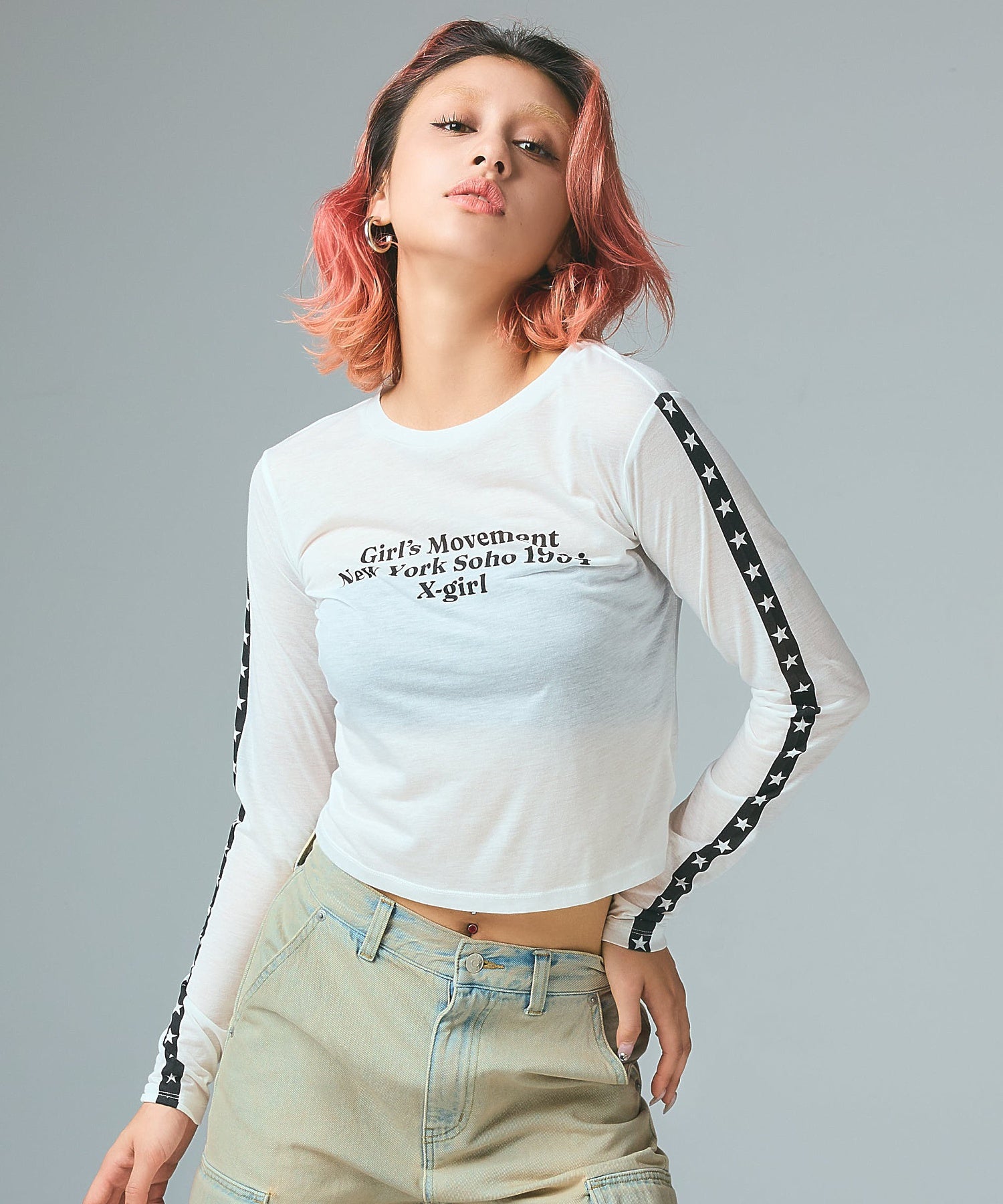 STAR STRIPED SLEEVE SHEER L/S TOP