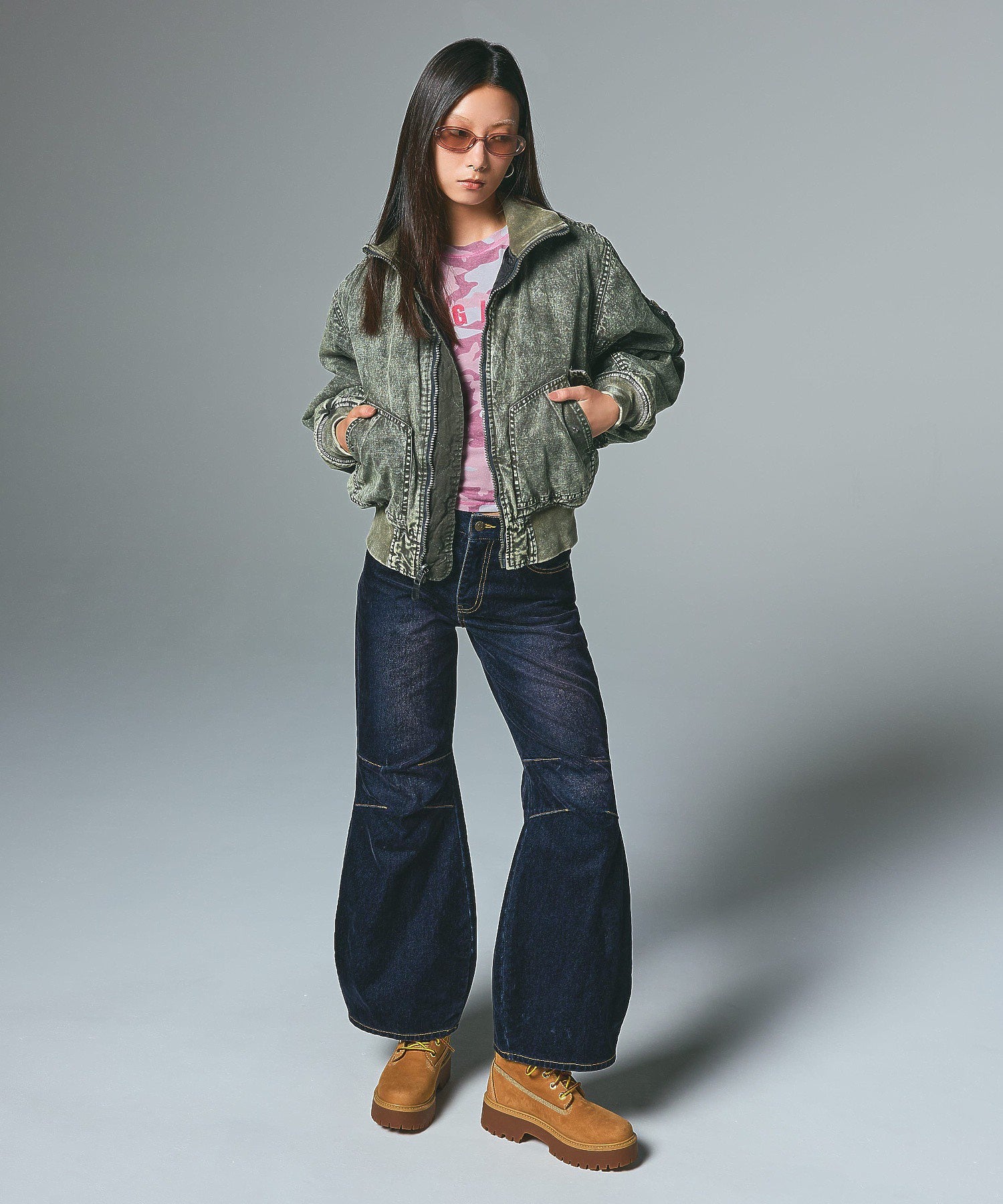 FLOCKED DENIM FLARE PANTS