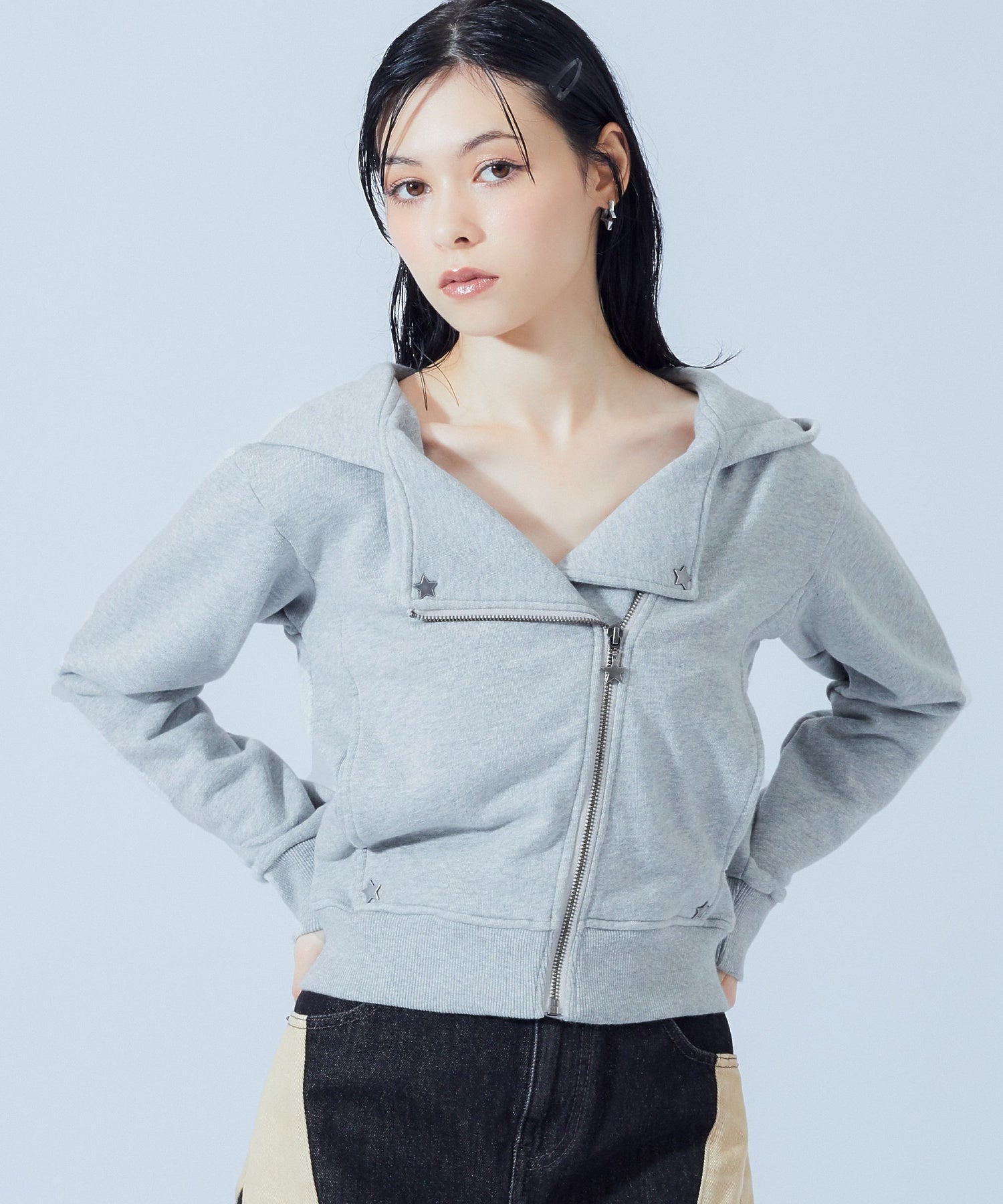 DOUBLE COLLAR ZIP UP SWEAT HOODIE