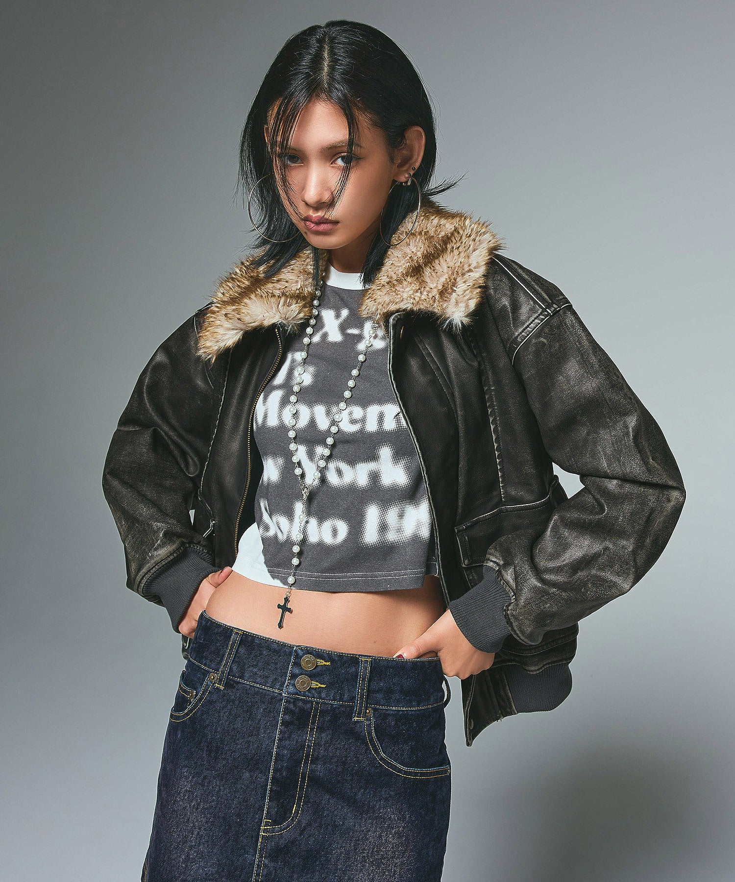 EMBOSSED LOGO PATCH DISTRESSED FAUX LEATHER JACKET
