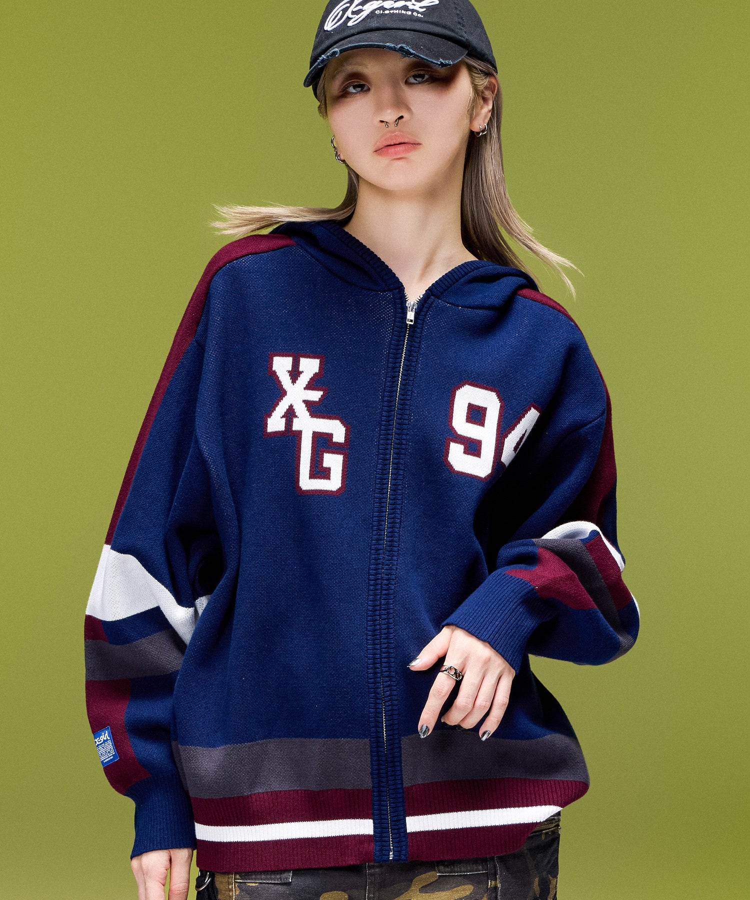 NUMBER AND LOGO JACQUARD ZIP UP KNIT TOP