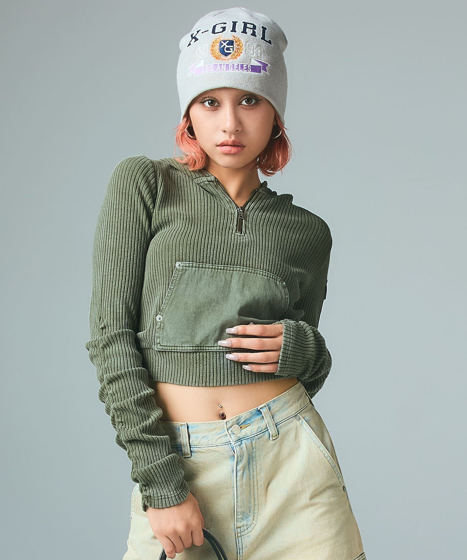 FADED WOVEN MIX HALF ZIP HOODED TOP