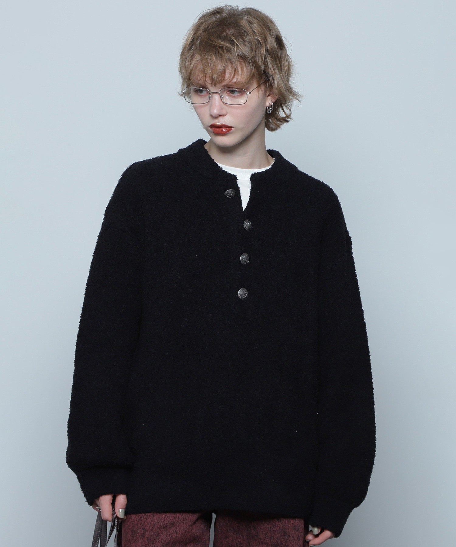 コンチョボタン モコモコ ヘンリーネックトップス