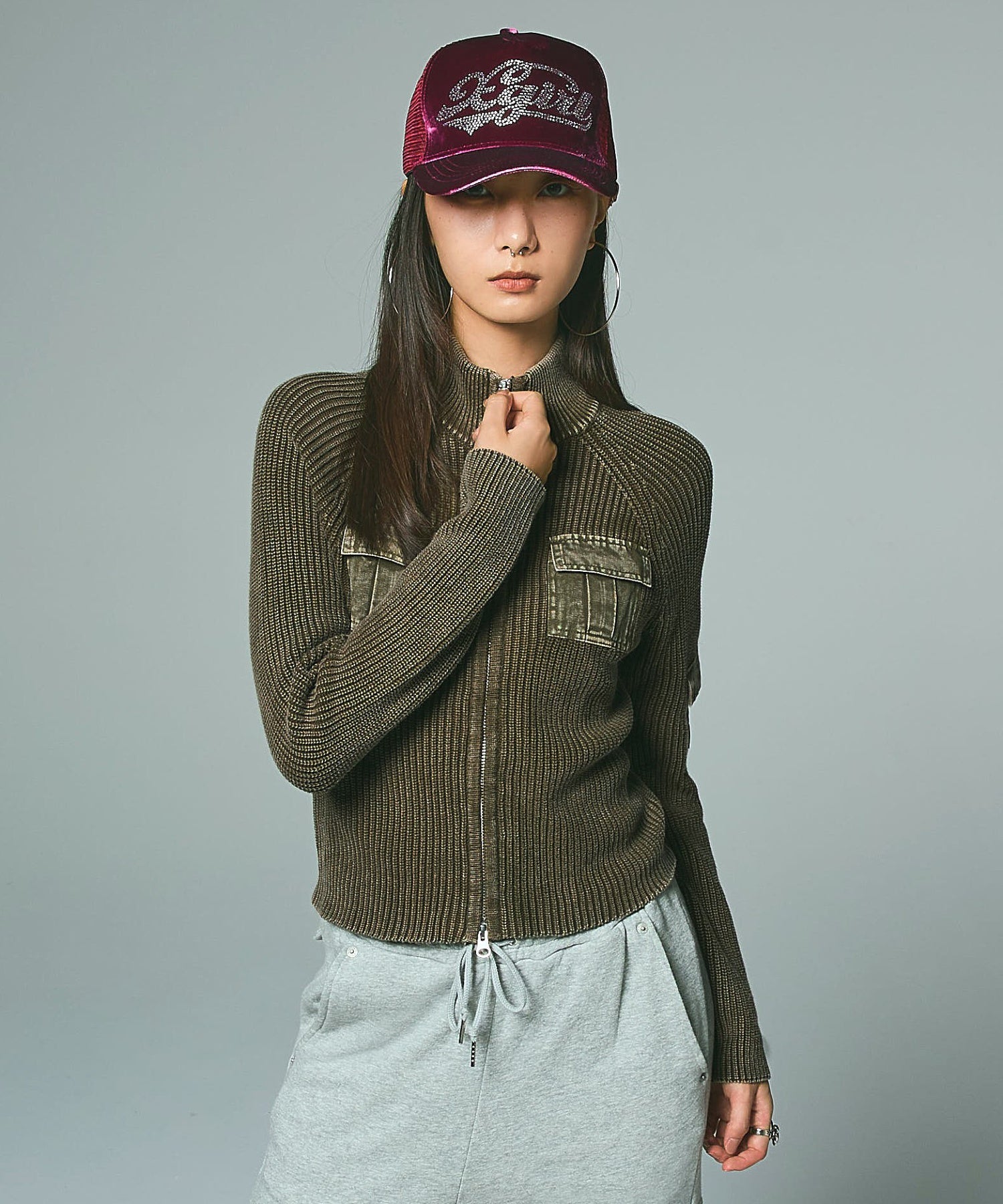 FADED WOVEN MIX ZIP UP KNIT TOP