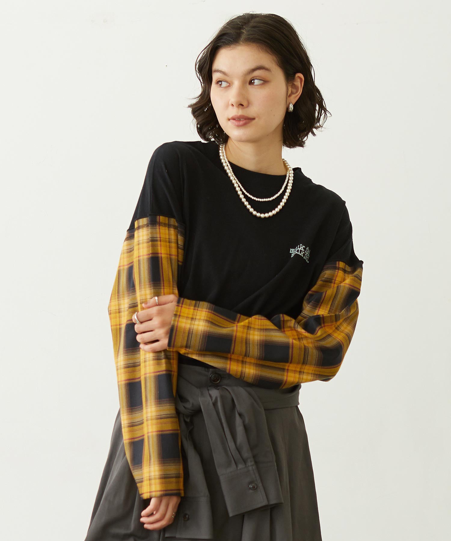 PLAID SLEEVES L/S TOP