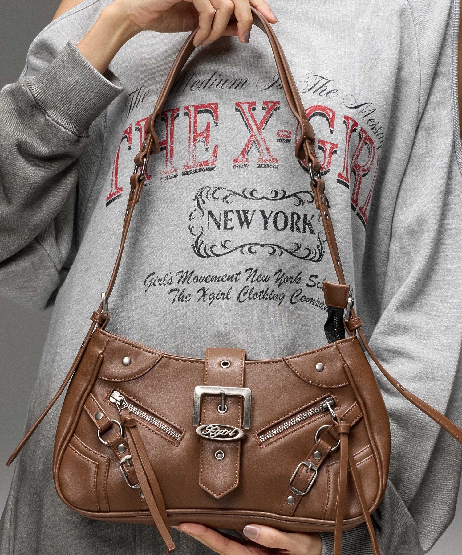 ZIP AND BELT FAUX LEATHER BAG