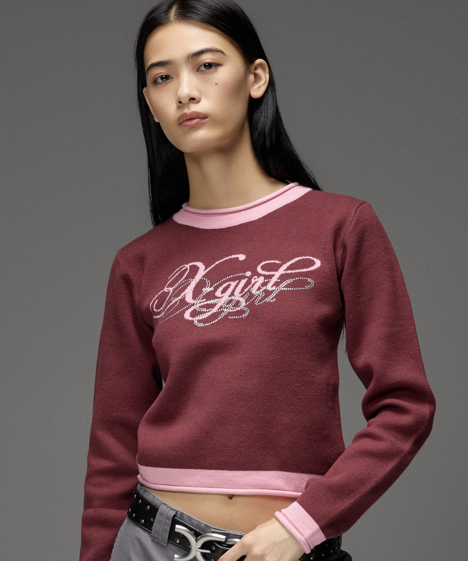 RHINESTONE AND JACQUARD LOGO COMPACT KNIT TOP