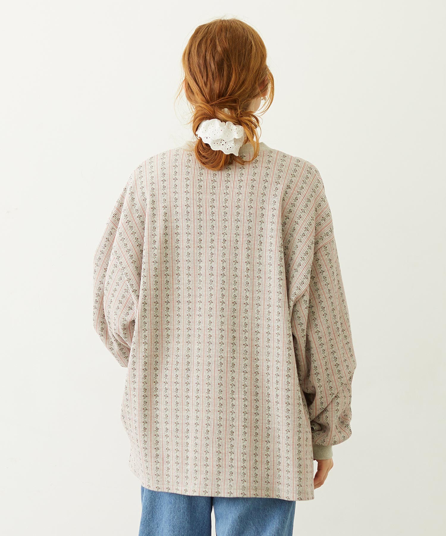 STRIPED FLOWER WAFFLE L/S TOP