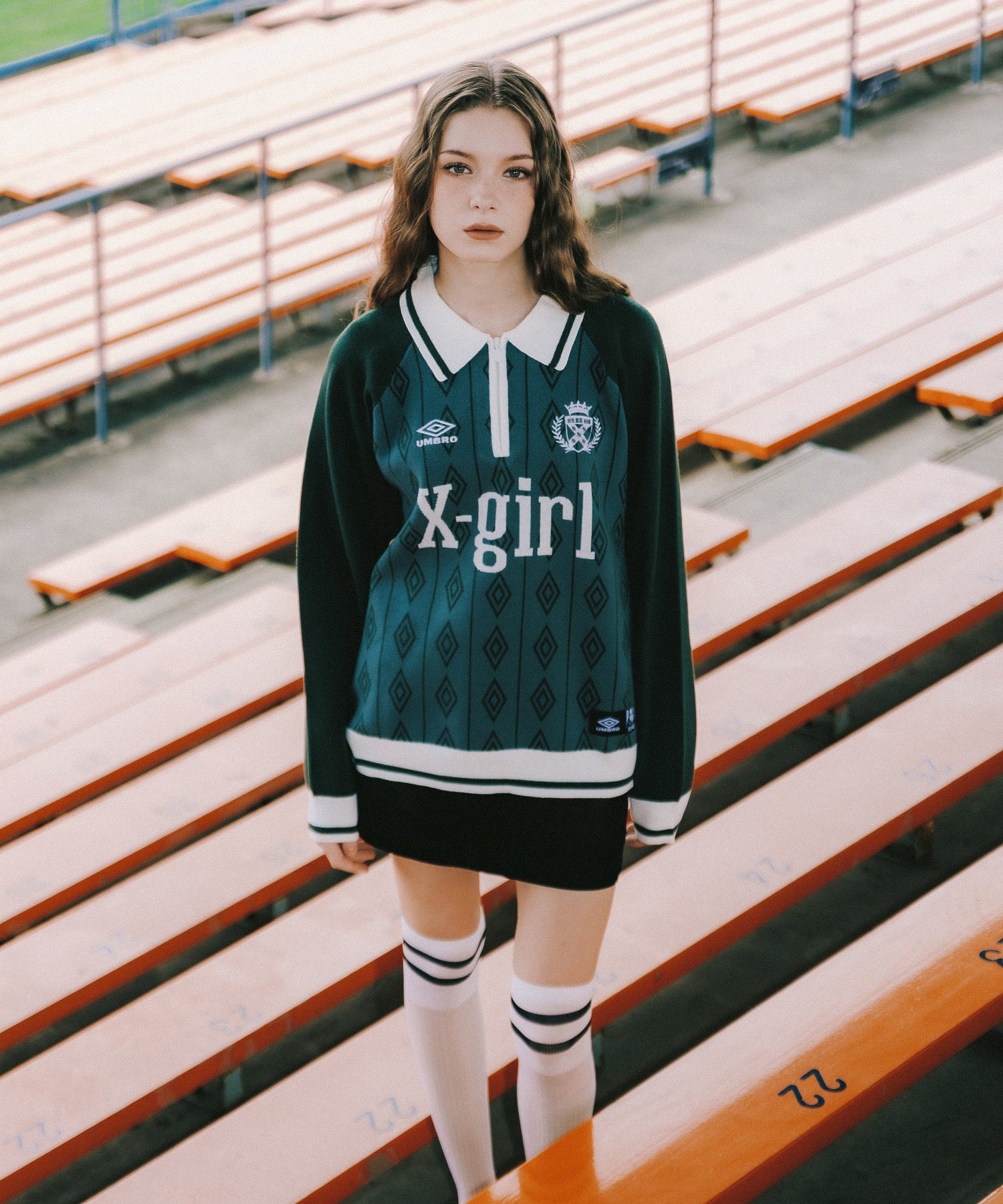 X-girl x UMBRO HALF ZIP JACQUARD KNIT TOP