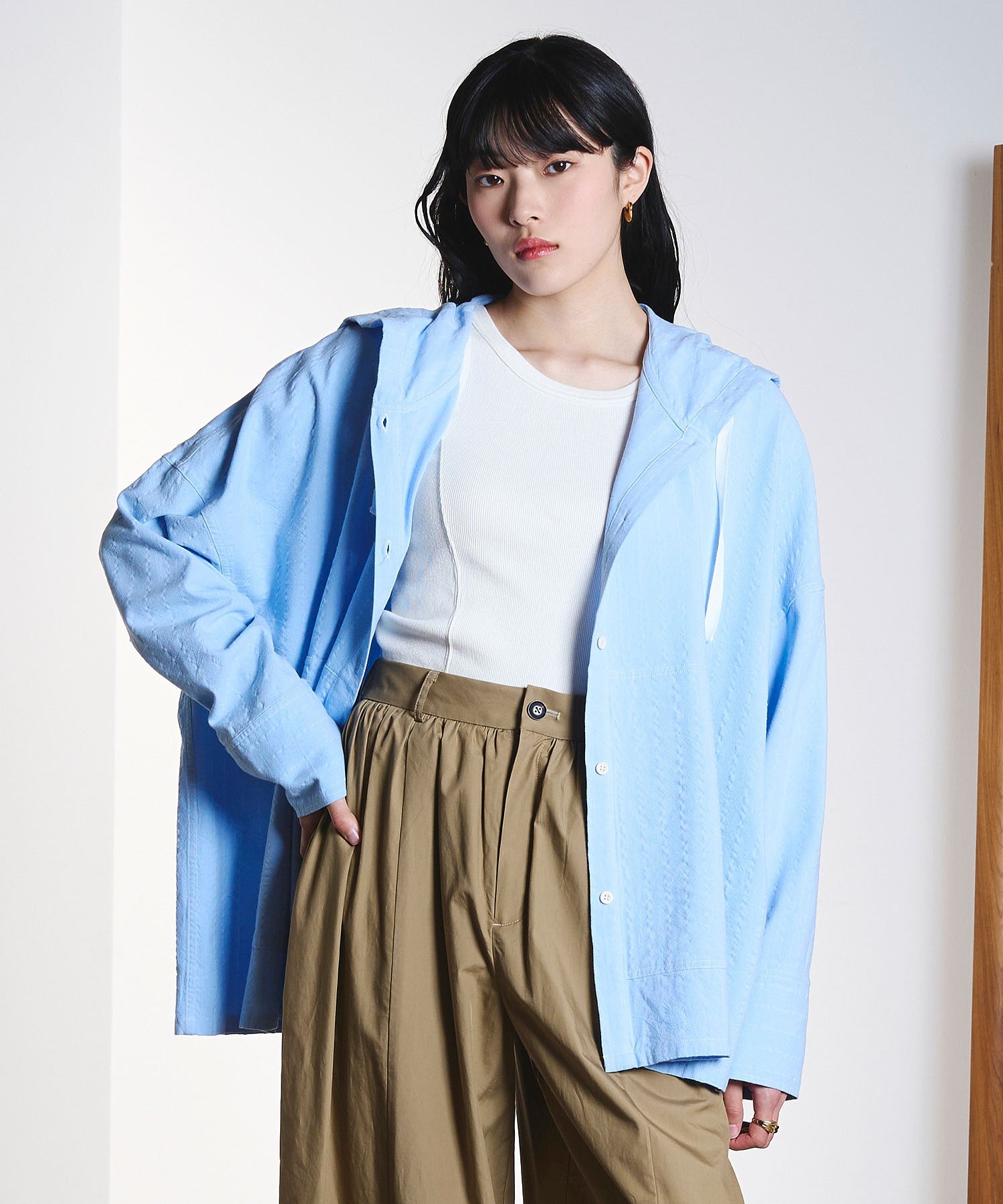 CREOLME/STRIPE HOODED BIG SHIRT