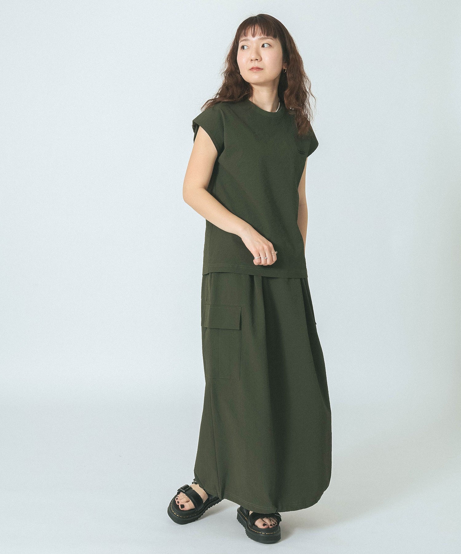 THOUSAND MILE×GENE HEAVENS/FRENCH SLEEVE TOP & MAXI CARGO SKIRT SET UP