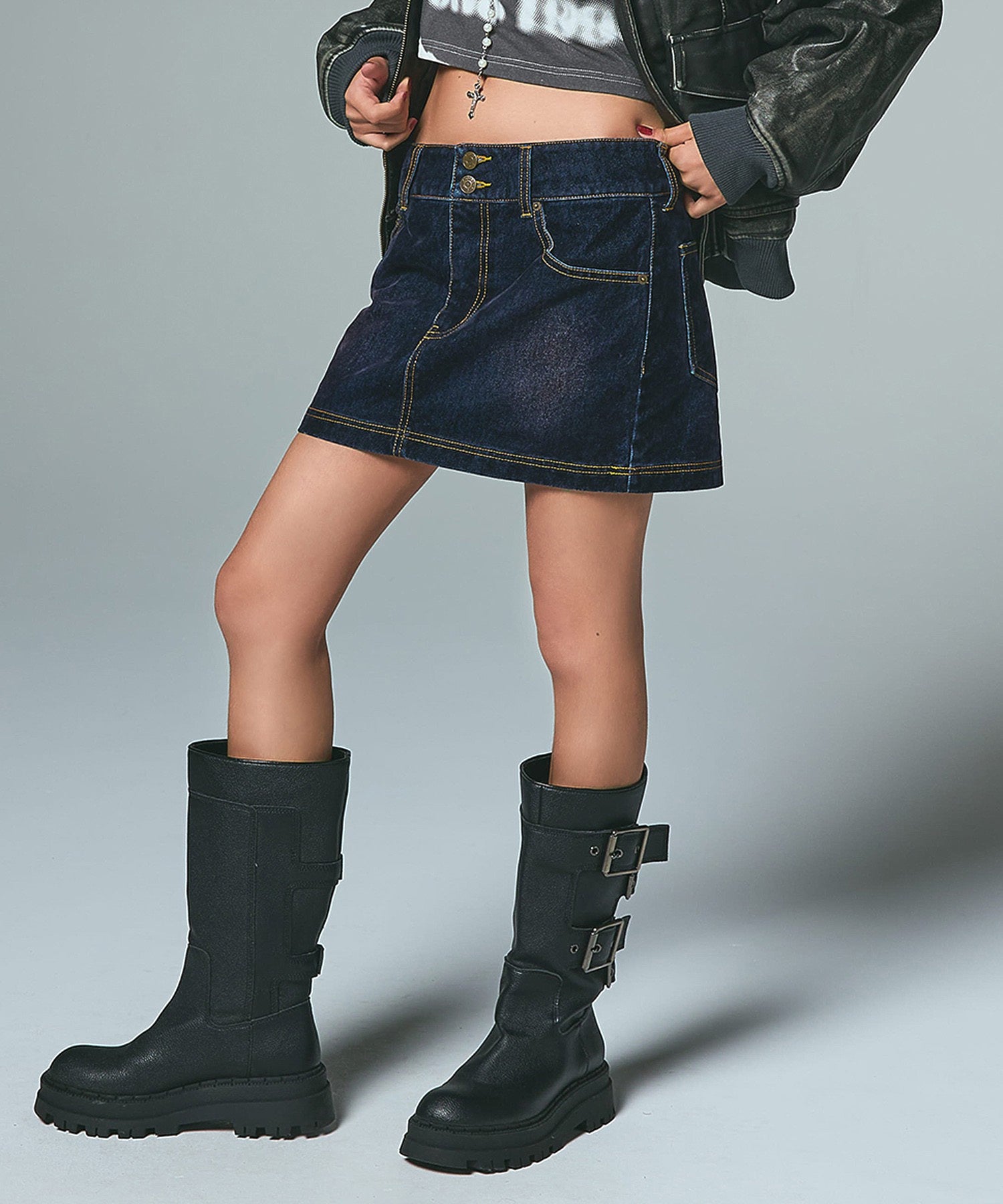 FLOCKED DENIM MINI SKIRT