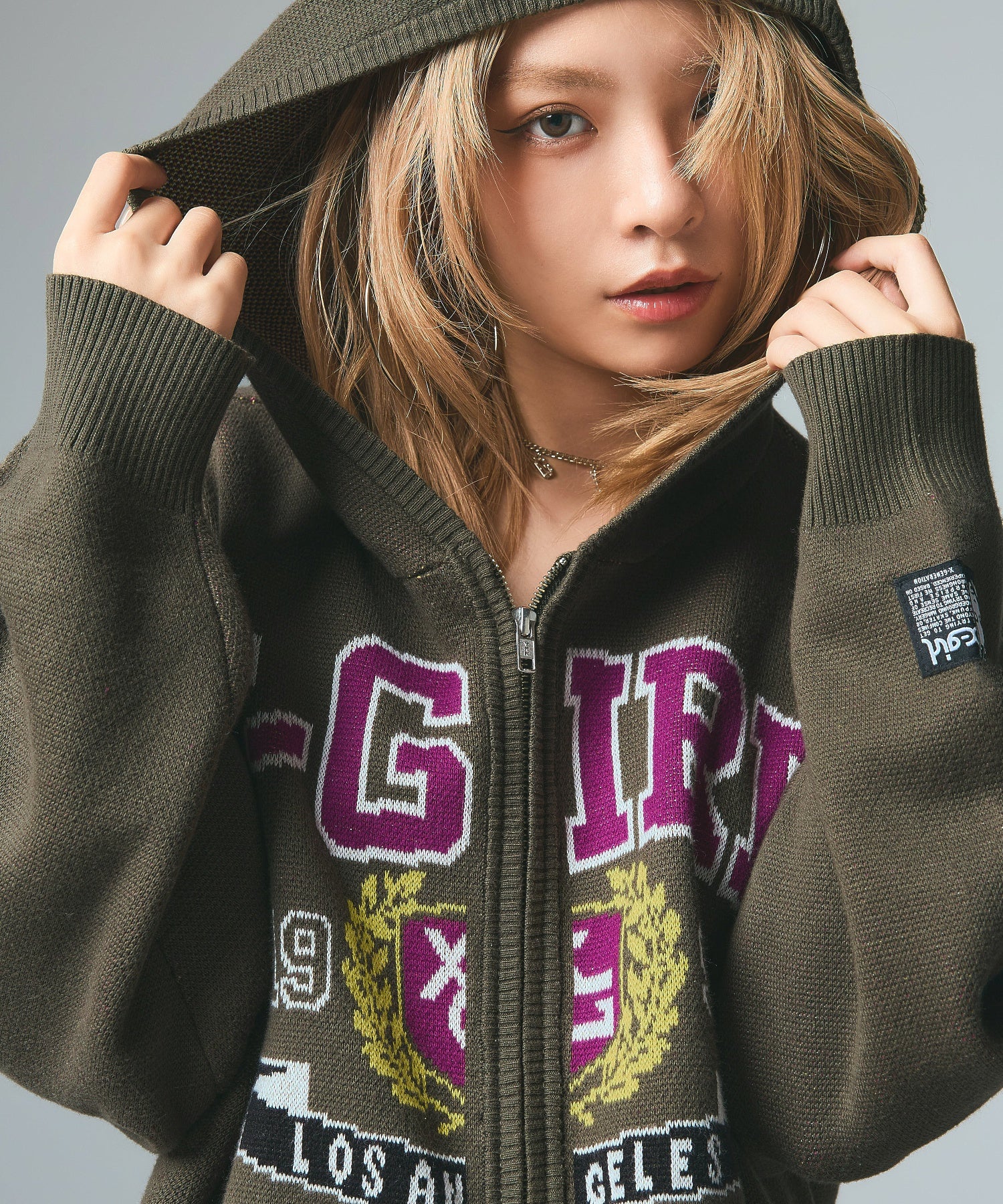 COLLEGE LOGO JACQUARD ZIP UP KNIT HOODIE