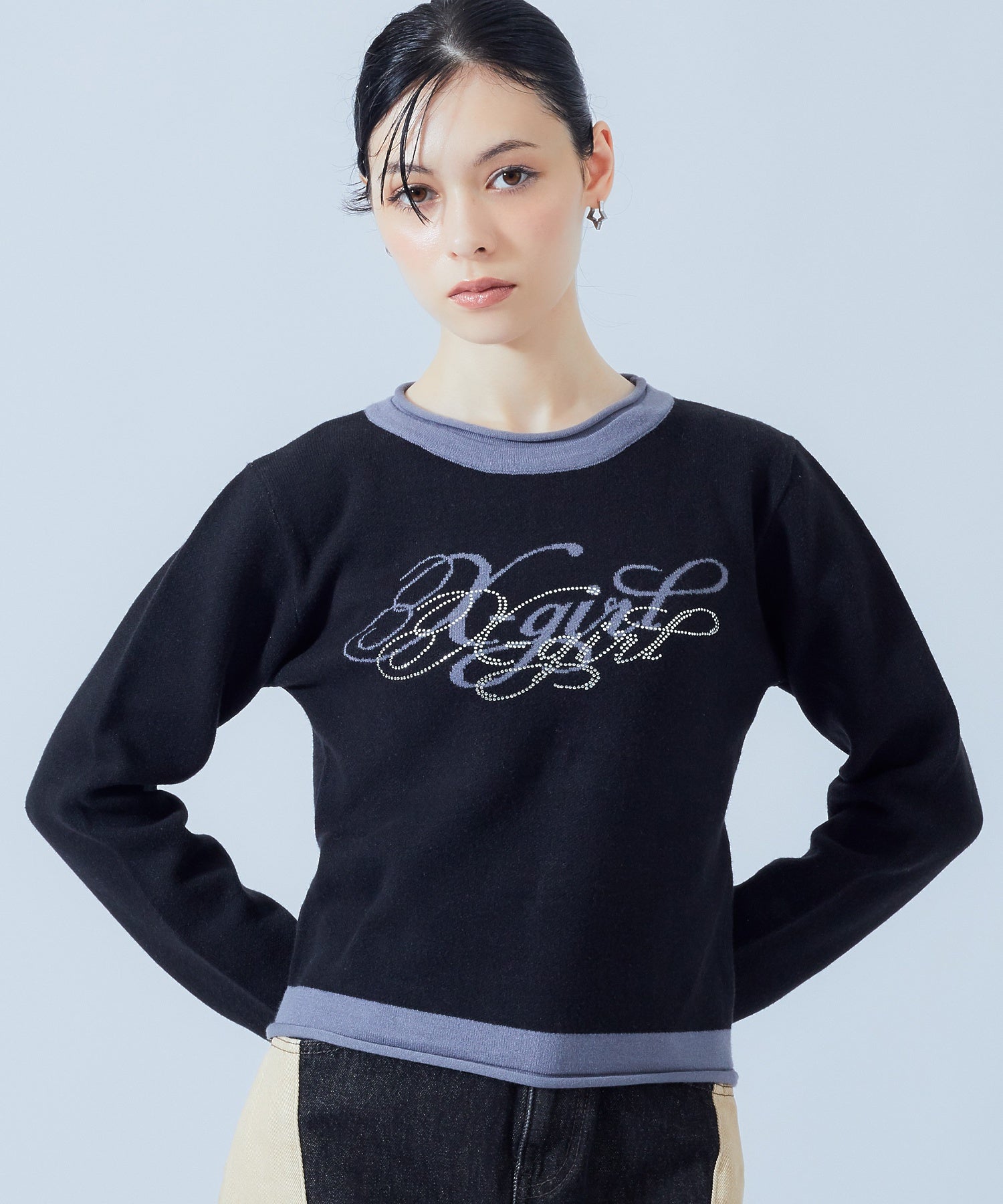 RHINESTONE AND JACQUARD LOGO COMPACT KNIT TOP