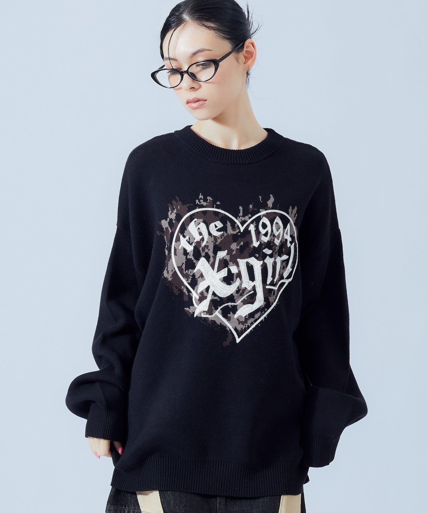 LEOPARD HEART LOGO JACQURD KNIT TOP