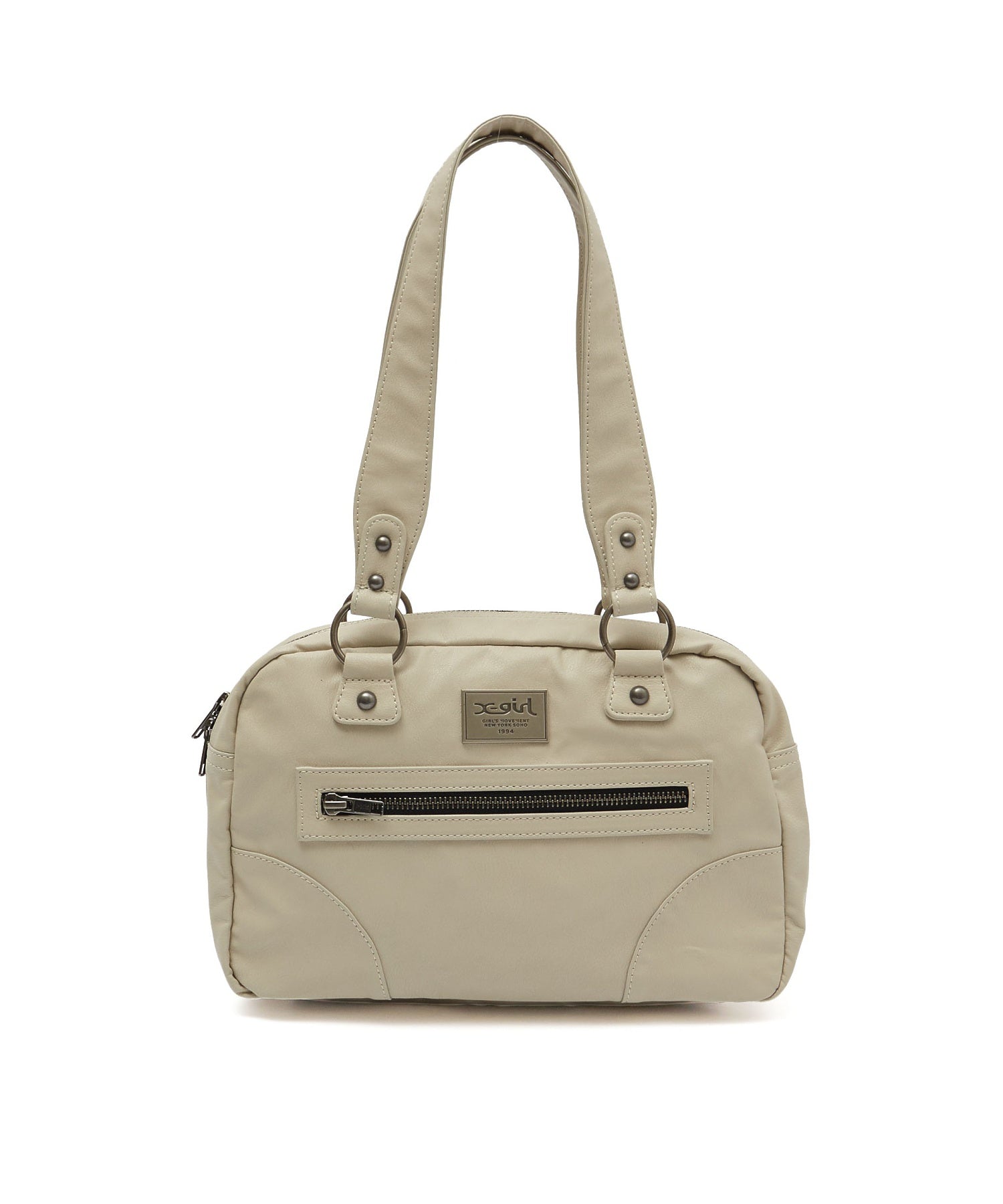 METAL LOGO PLATE FAUX LEATHER HANDBAG