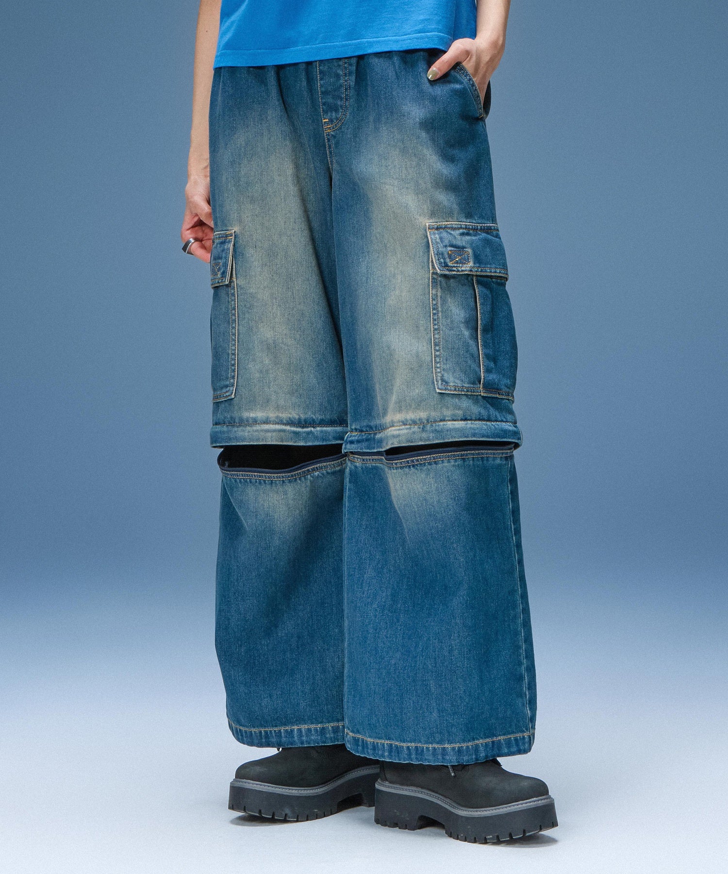FADED 2WAY WIDE LEG DENIM CARGO PANTS