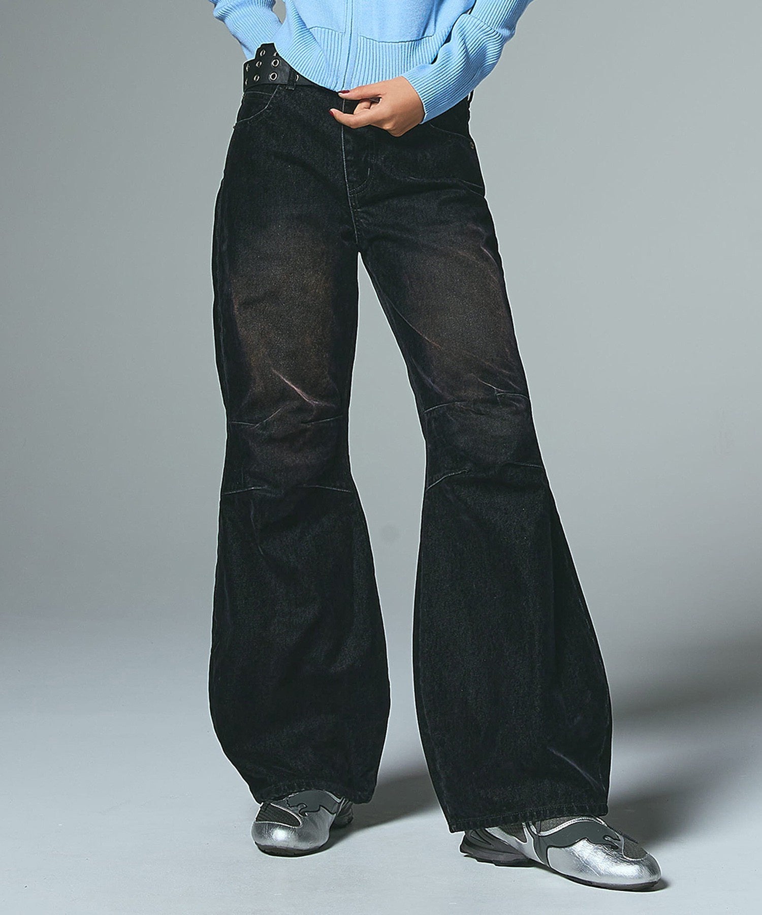 FLOCKED DENIM FLARE PANTS