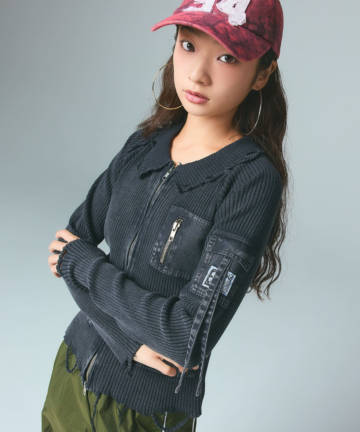 DISTRESSED WOVEN MIX ZIP UP TOP