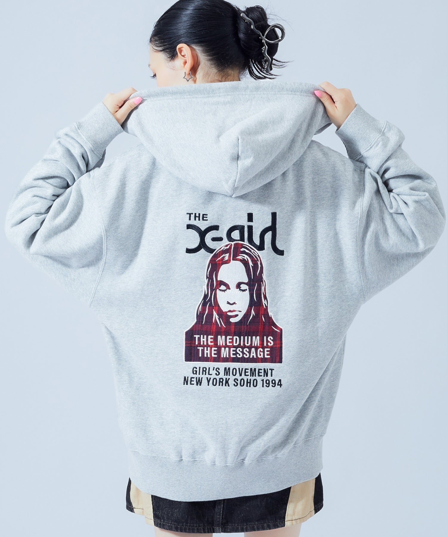 PLAID PATTERN FACE PATCH ZIP UP SWEAT HOODIE