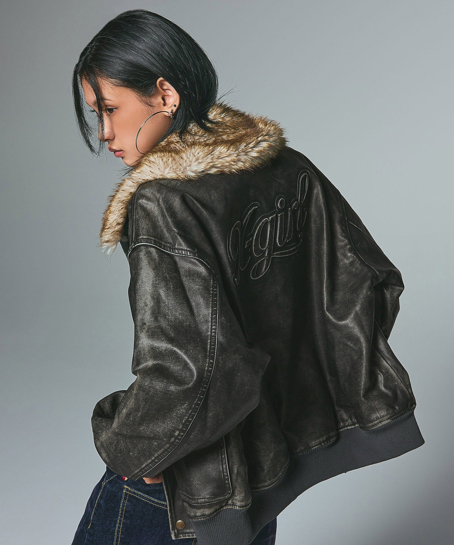 EMBOSSED LOGO PATCH DISTRESSED FAUX LEATHER JACKET