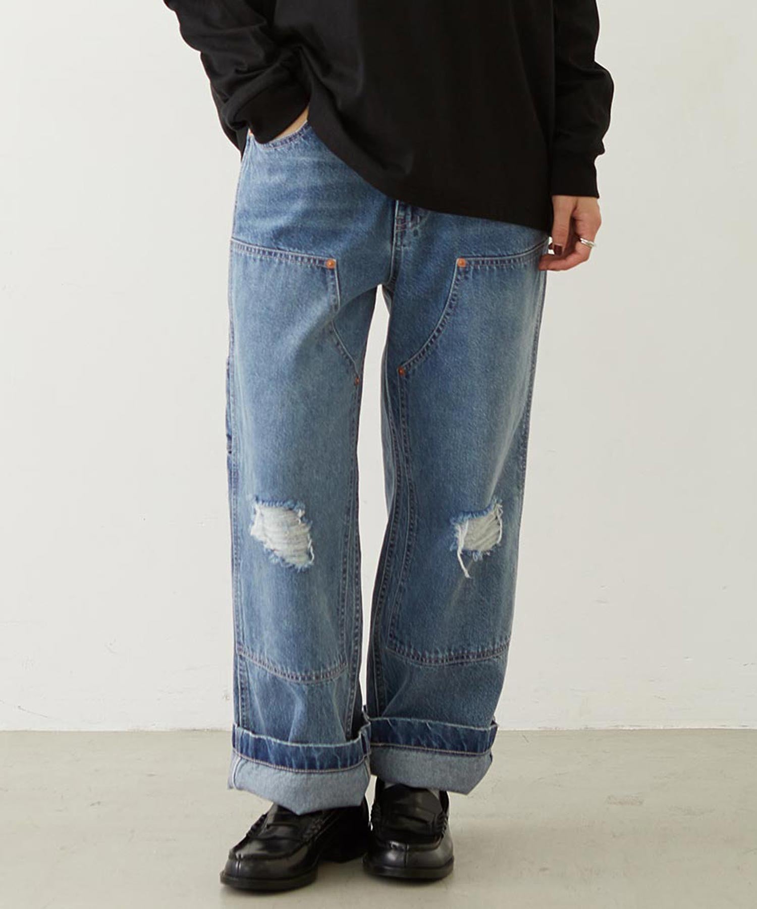 DOUBLE KNEE DISTRESSED DENIM PANTS