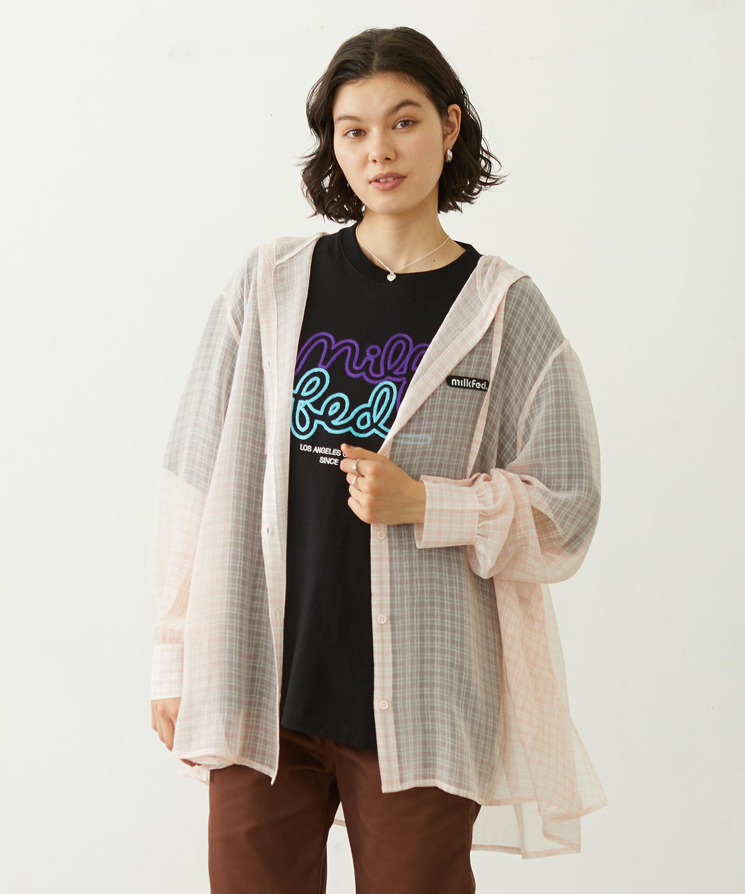 SHEER PLAID HOODED TOP