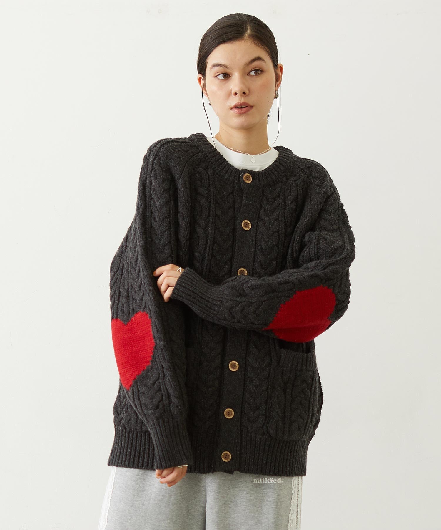 HEART ELBOW CABLE KNIT CARDIGAN
