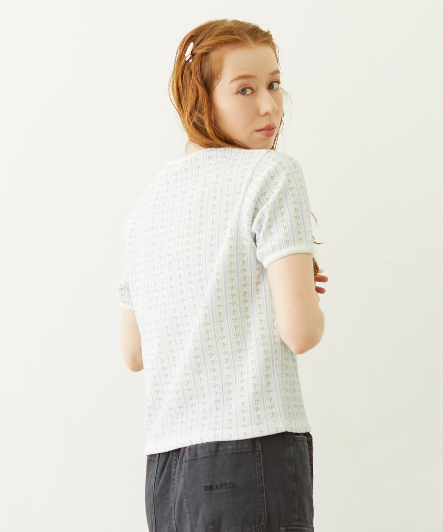 STRIPED FLOWER WAFFLE S/S TOP