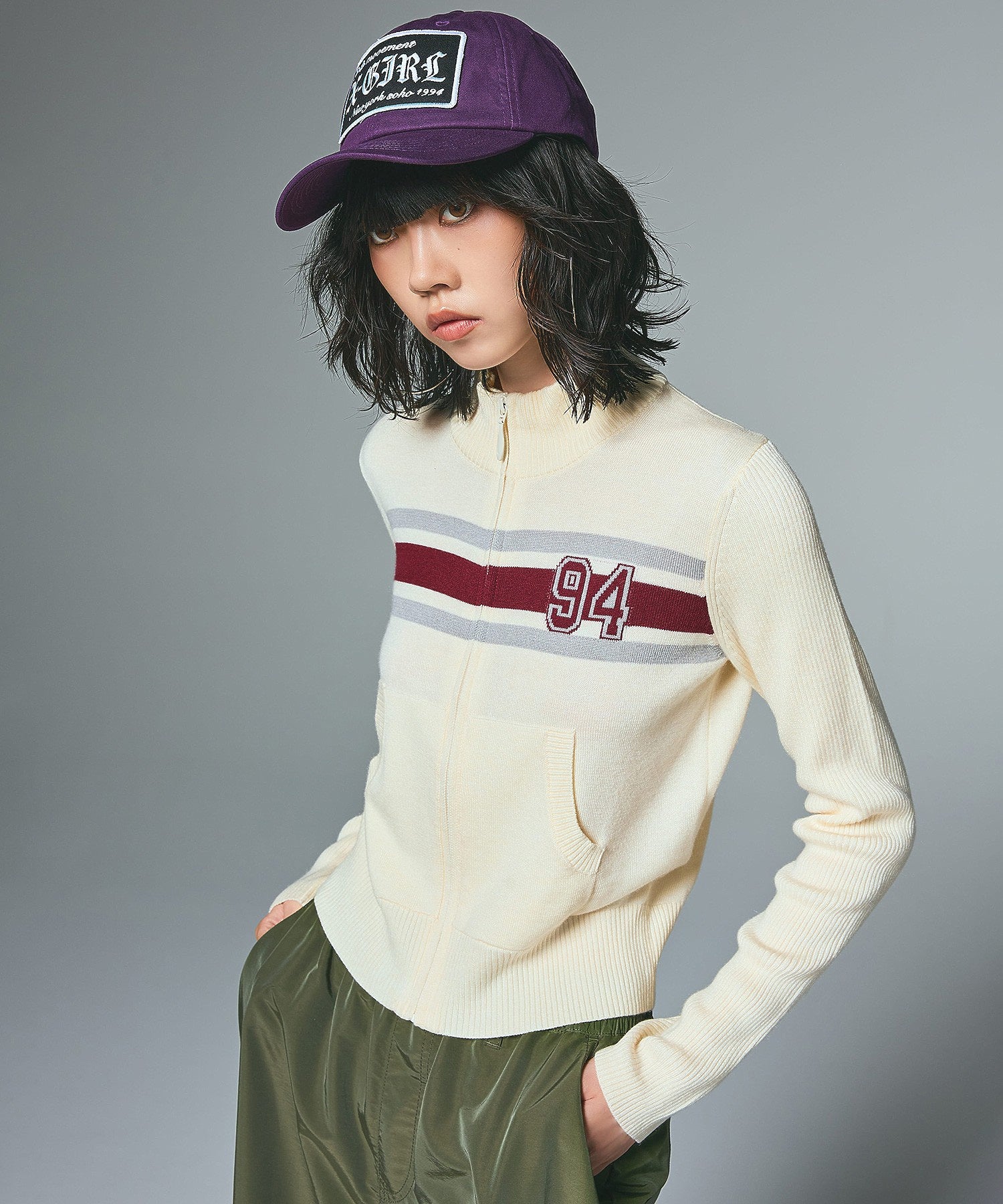 NUMBERING JACQUARD ZIP UP KNIT TOP
