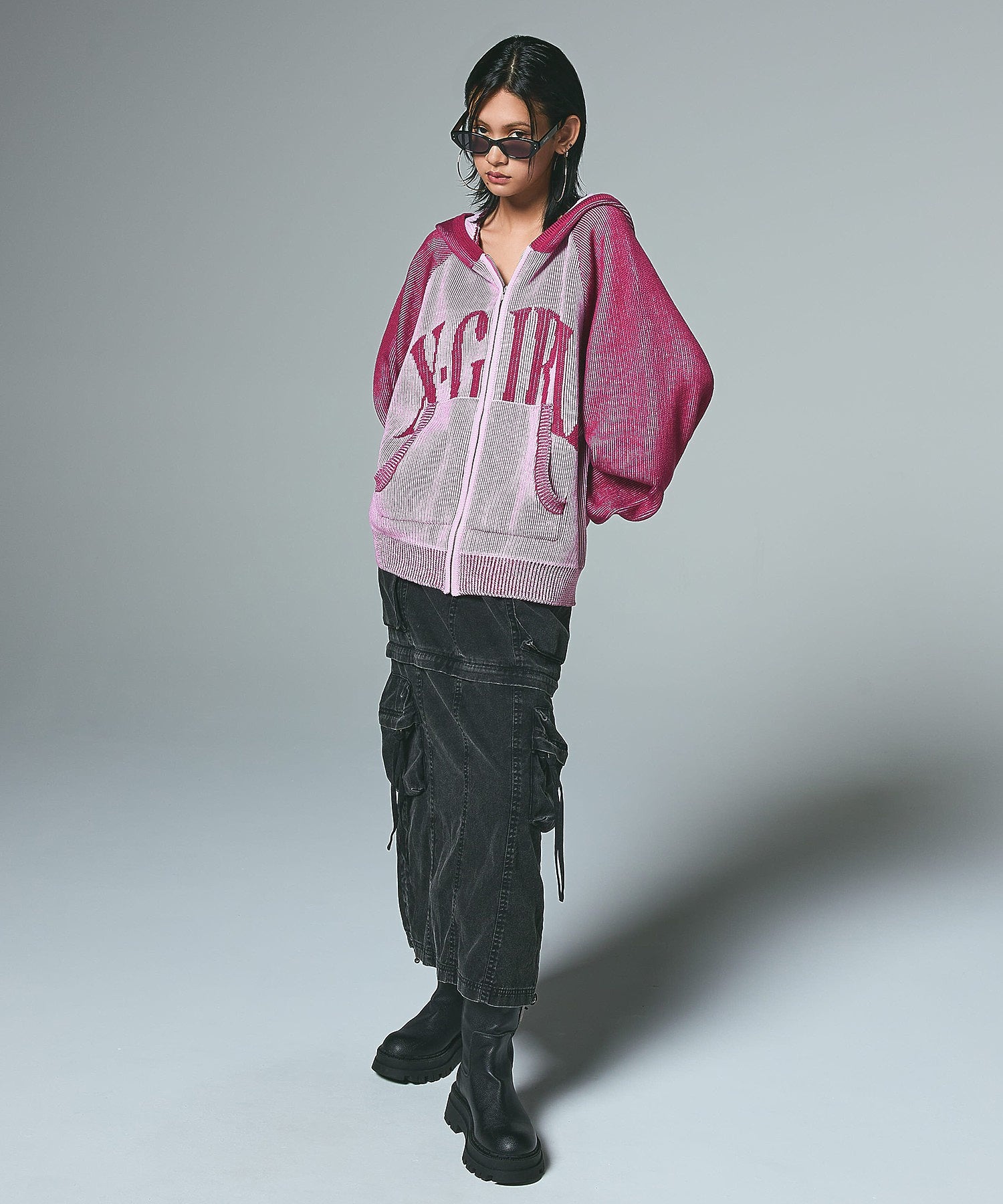 LOGO JACQUARD ZIP UP KNIT HOODIE