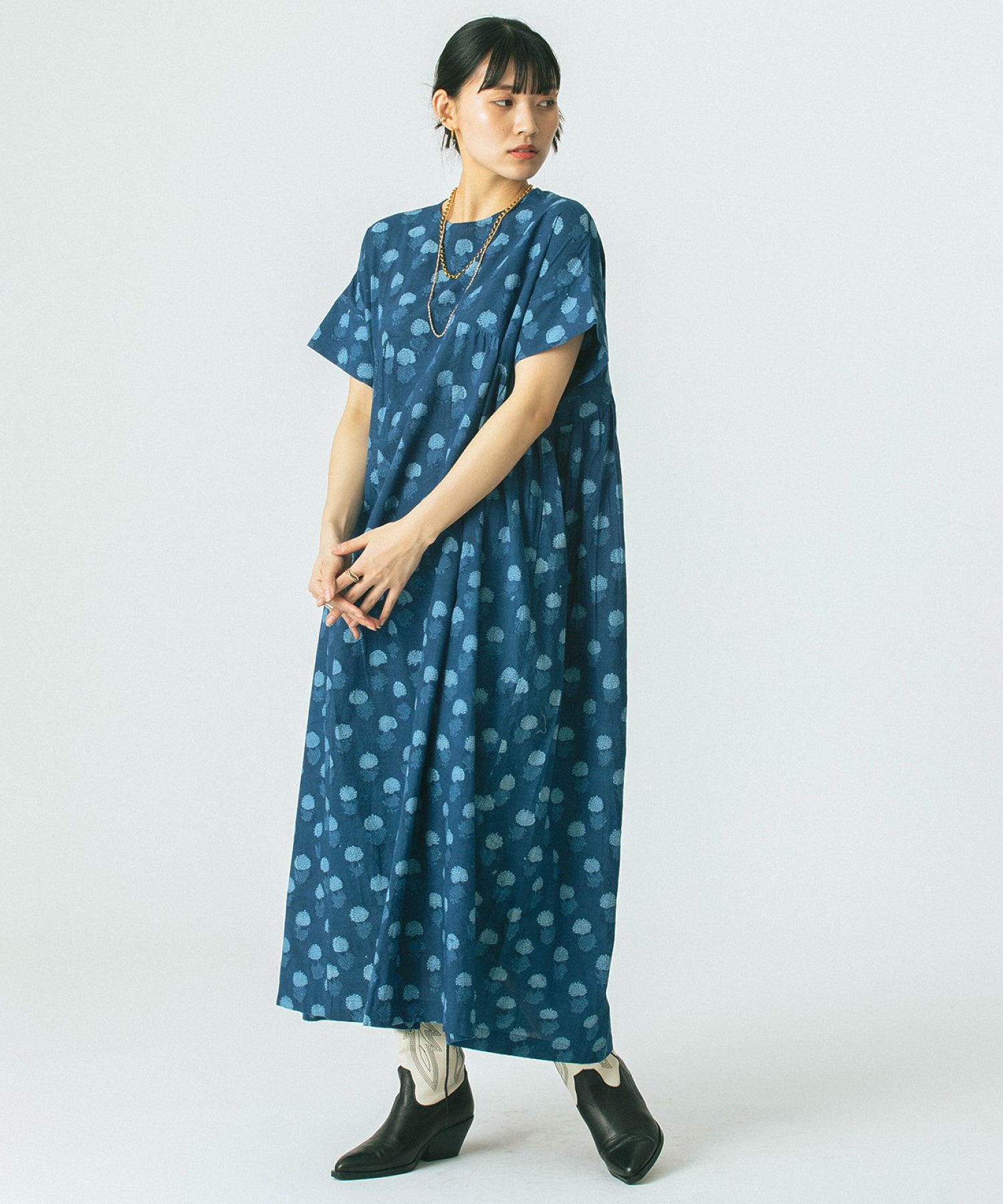 GENE HEAVENS/INDIGO FLOWER SMOCK DRESS