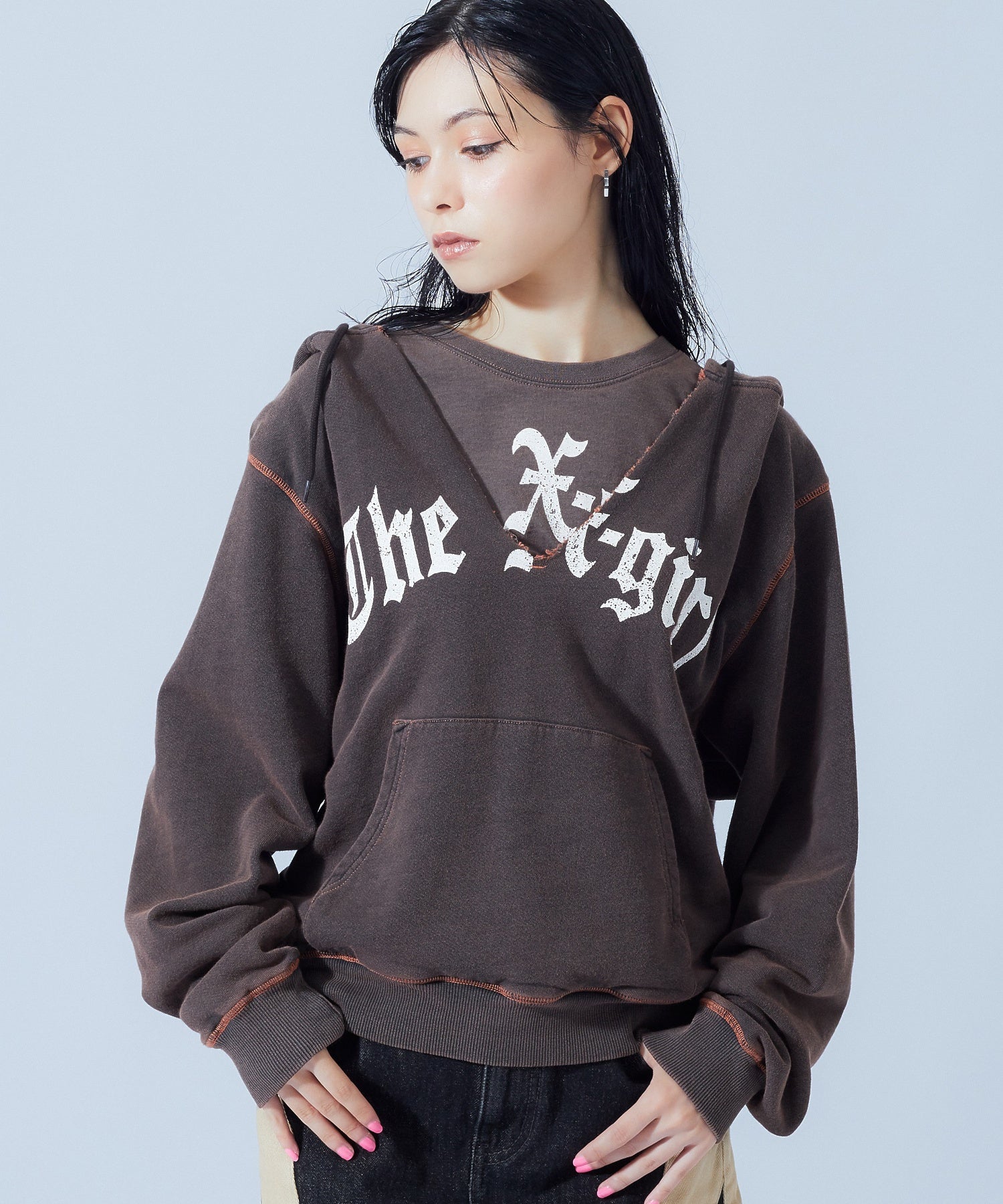 LAYERED STYLE FRONT SLIT SWEAT HOODIE