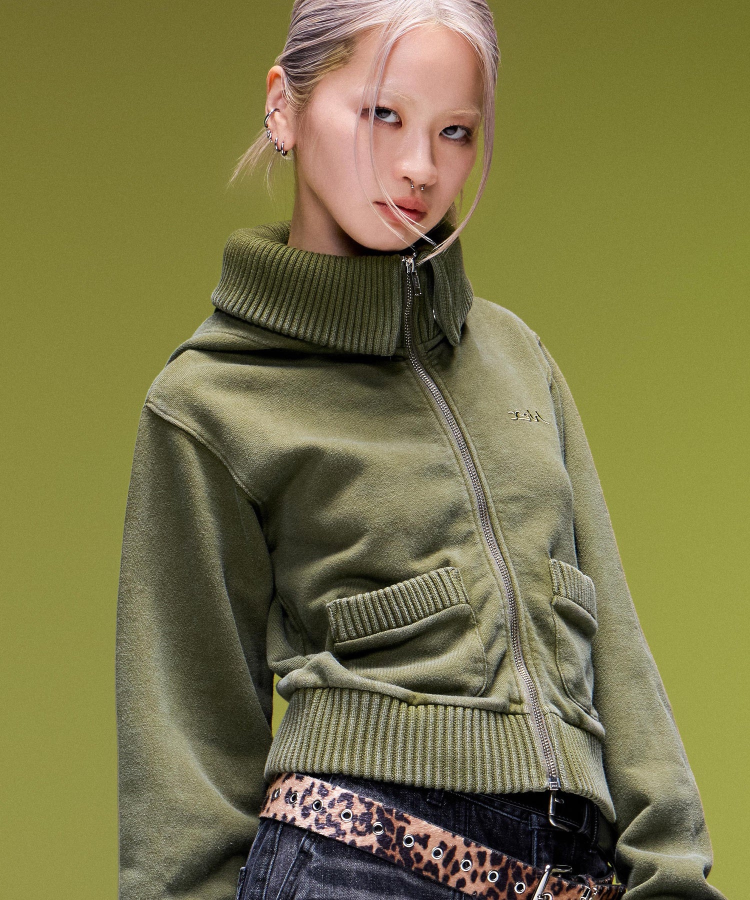 FADED SWEAT AND RIB ZIP UP COMPACT HOODIE